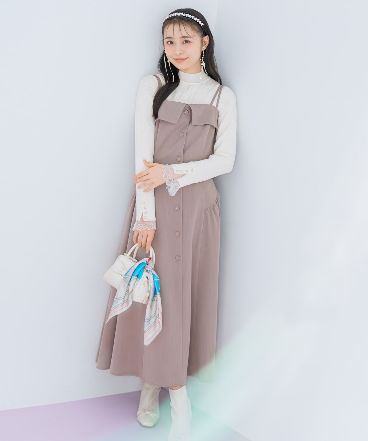 袖口レースハイネックリブニット