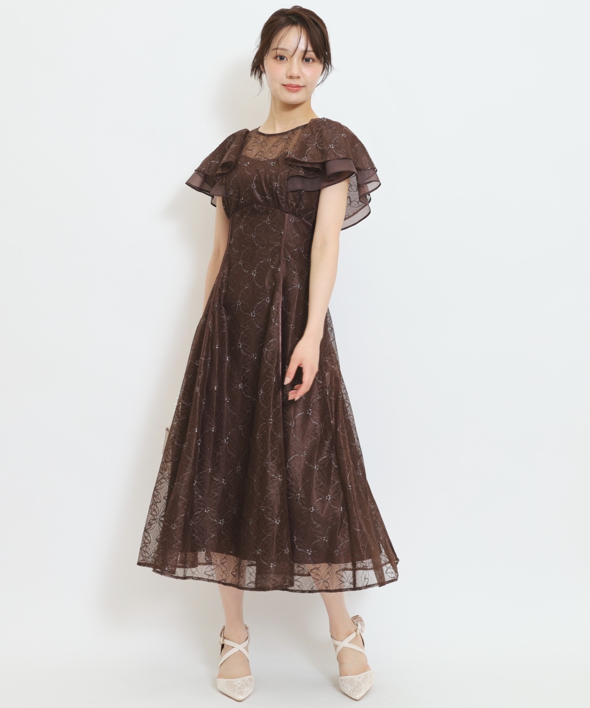 ラッフルスリーブレースドレス