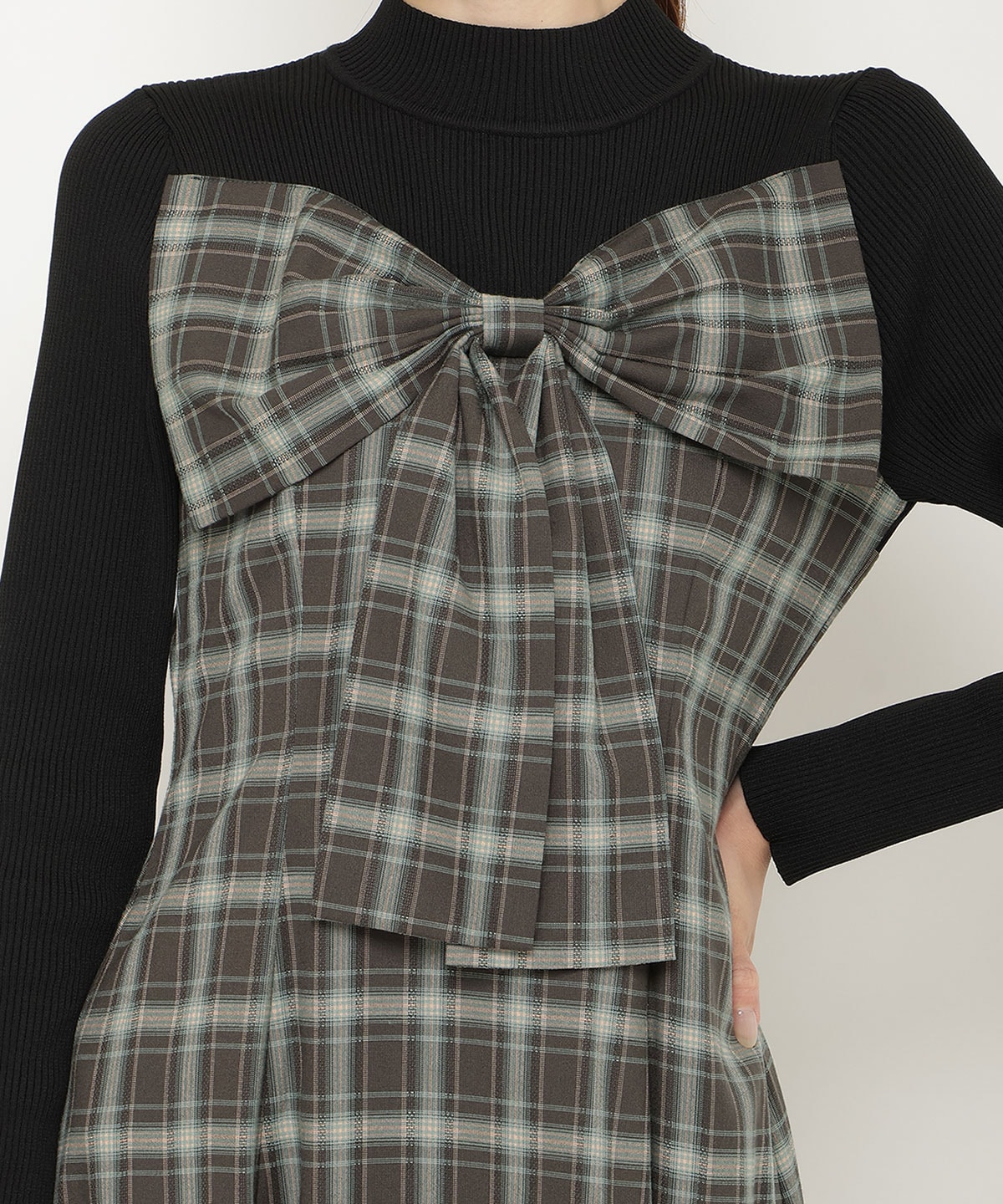 チェックリボン切替ワンピース