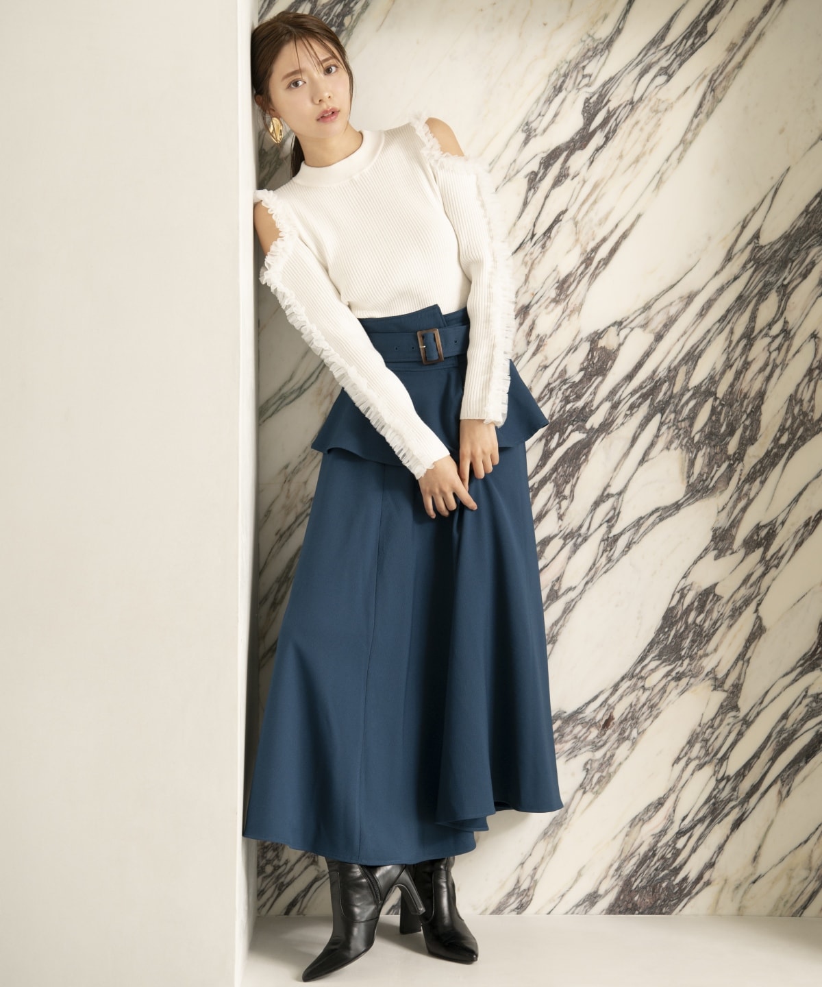 チュールフリルオフショルニットプルオーバー