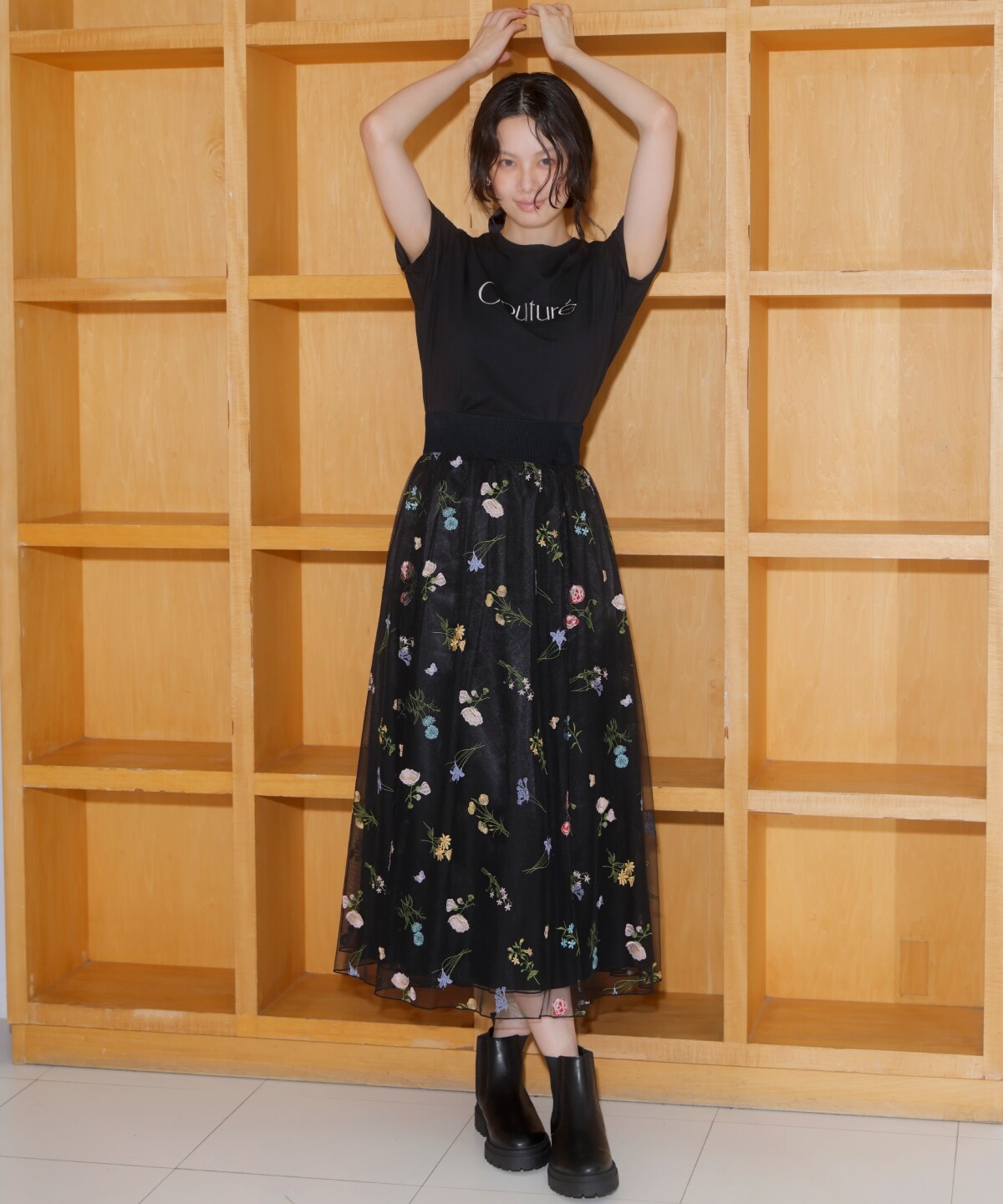 PICTURES ピクチャーズ 黒 花柄 刺繍 バルーンスカート PICTURES ピクチャーズ 黒 花柄 刺繍 バルーンスカート レディース