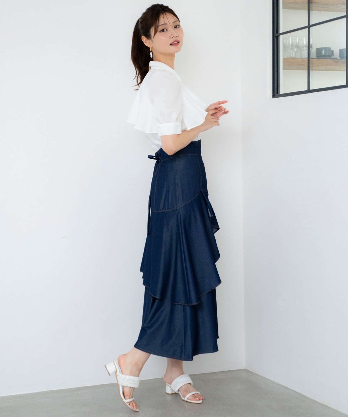 デニムライクレイヤードフリルスカート