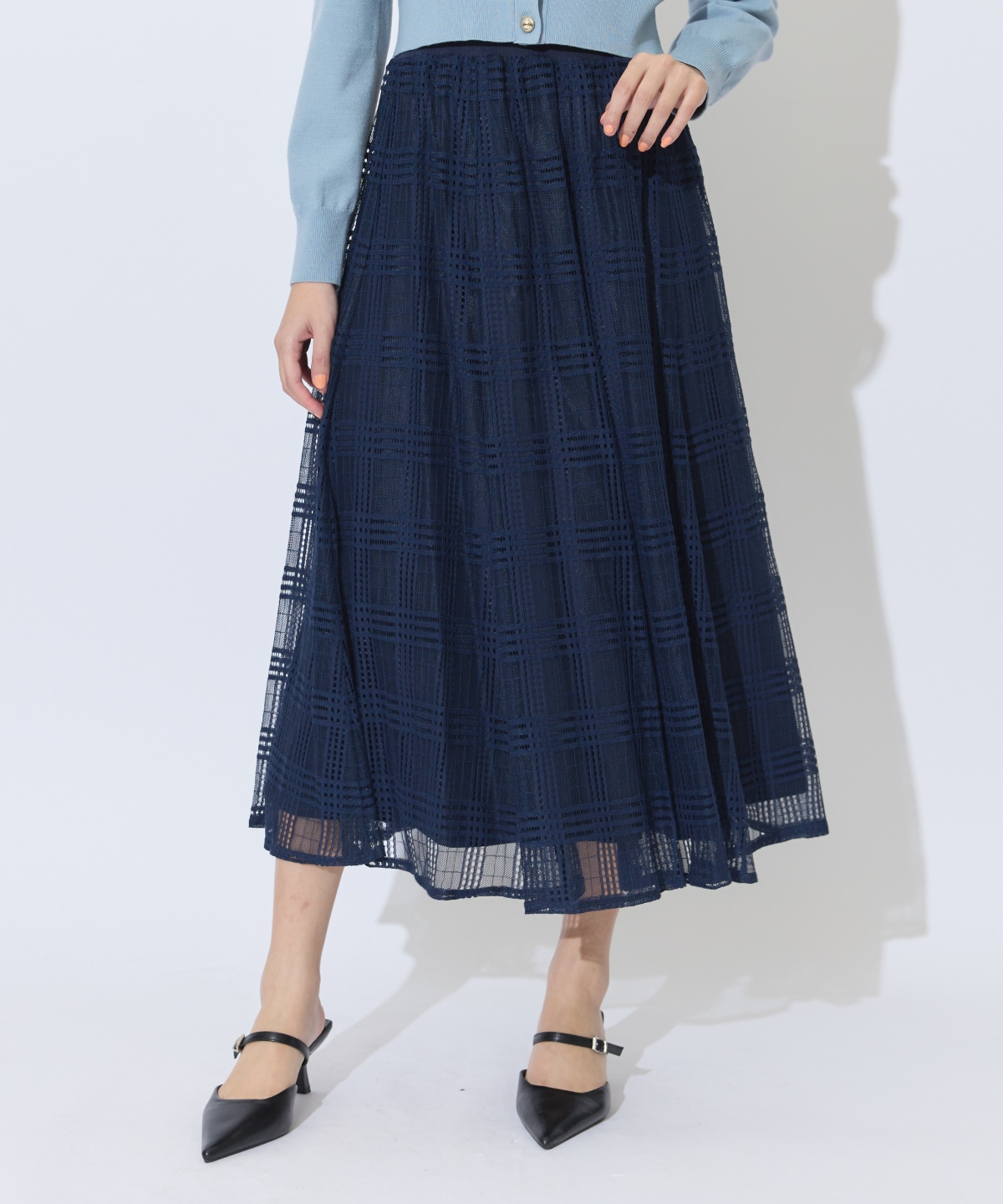 ウエストリブメッシュチェックロングスカート