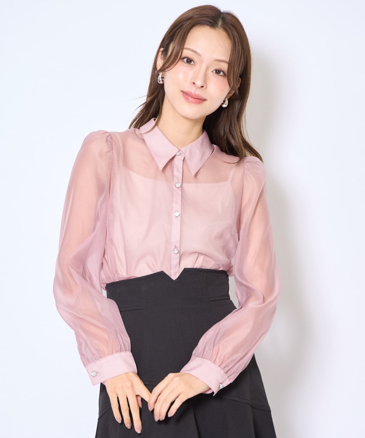 バタフライリボンシアー長袖ブラウス