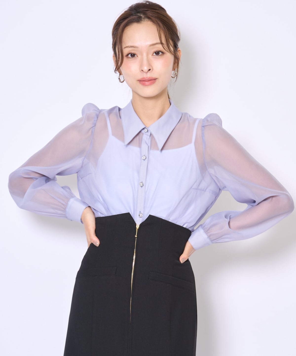 バタフライリボンシアー長袖ブラウス