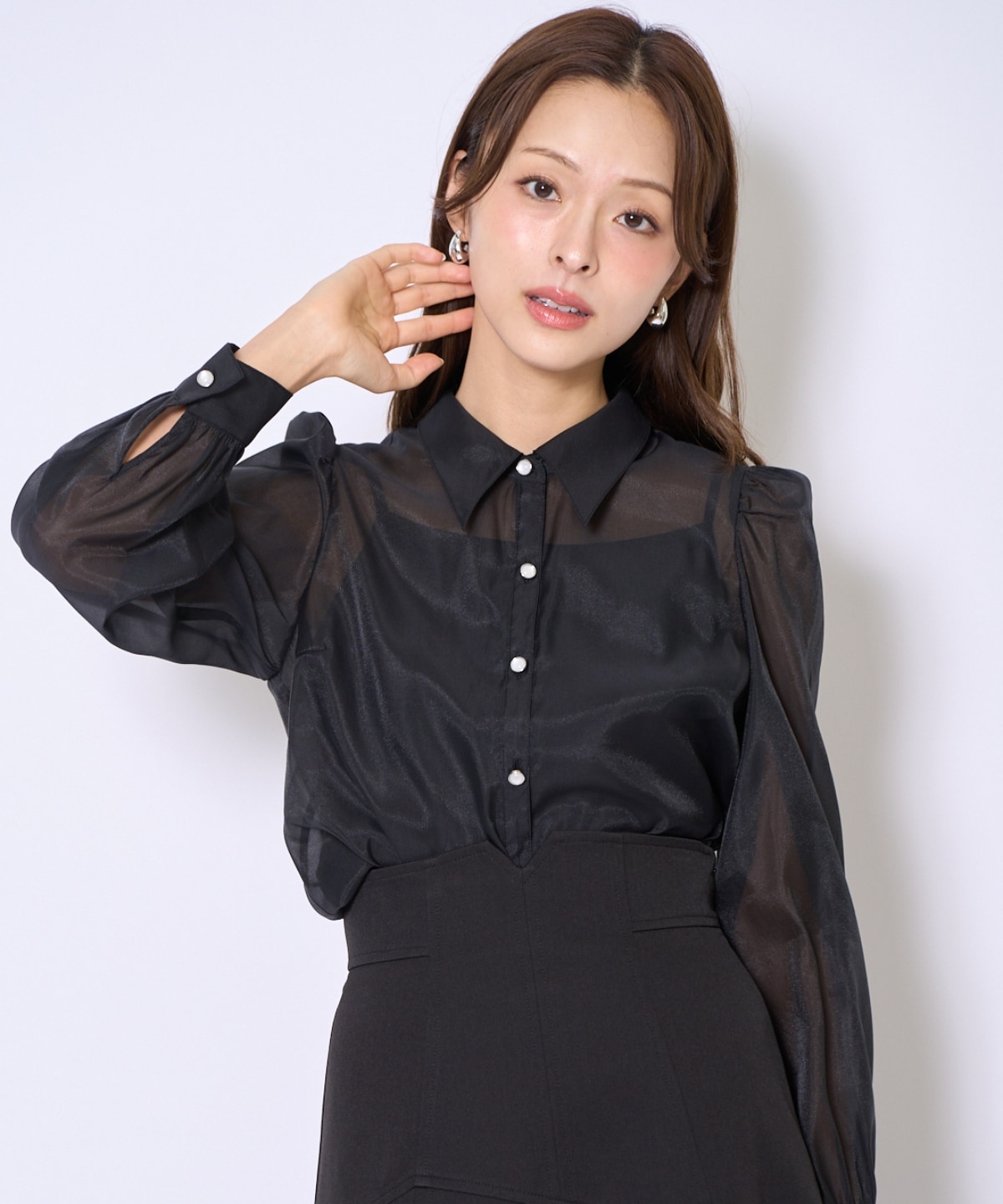 バタフライリボンシアー長袖ブラウス