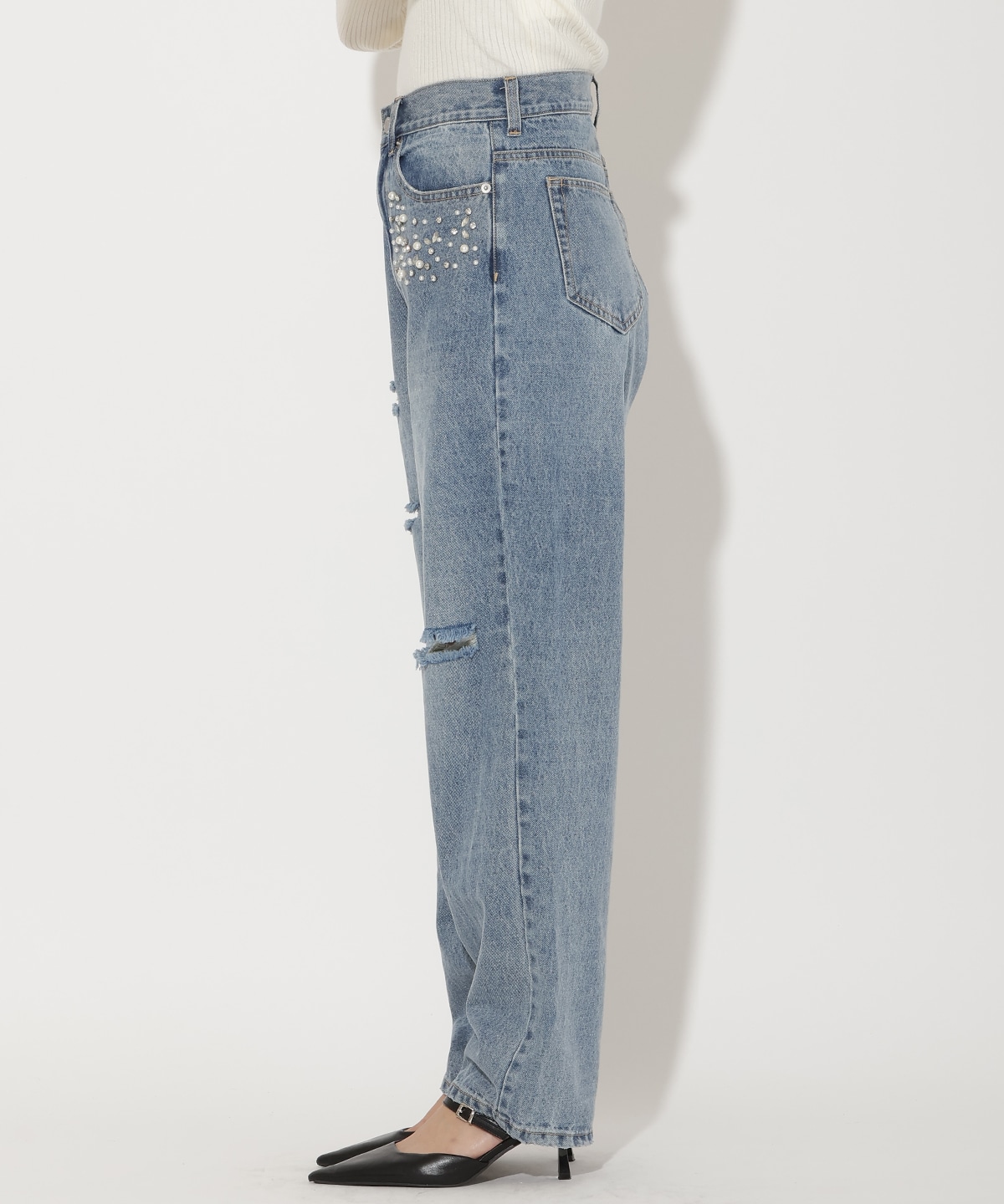 パール×ビジューダメージデニム