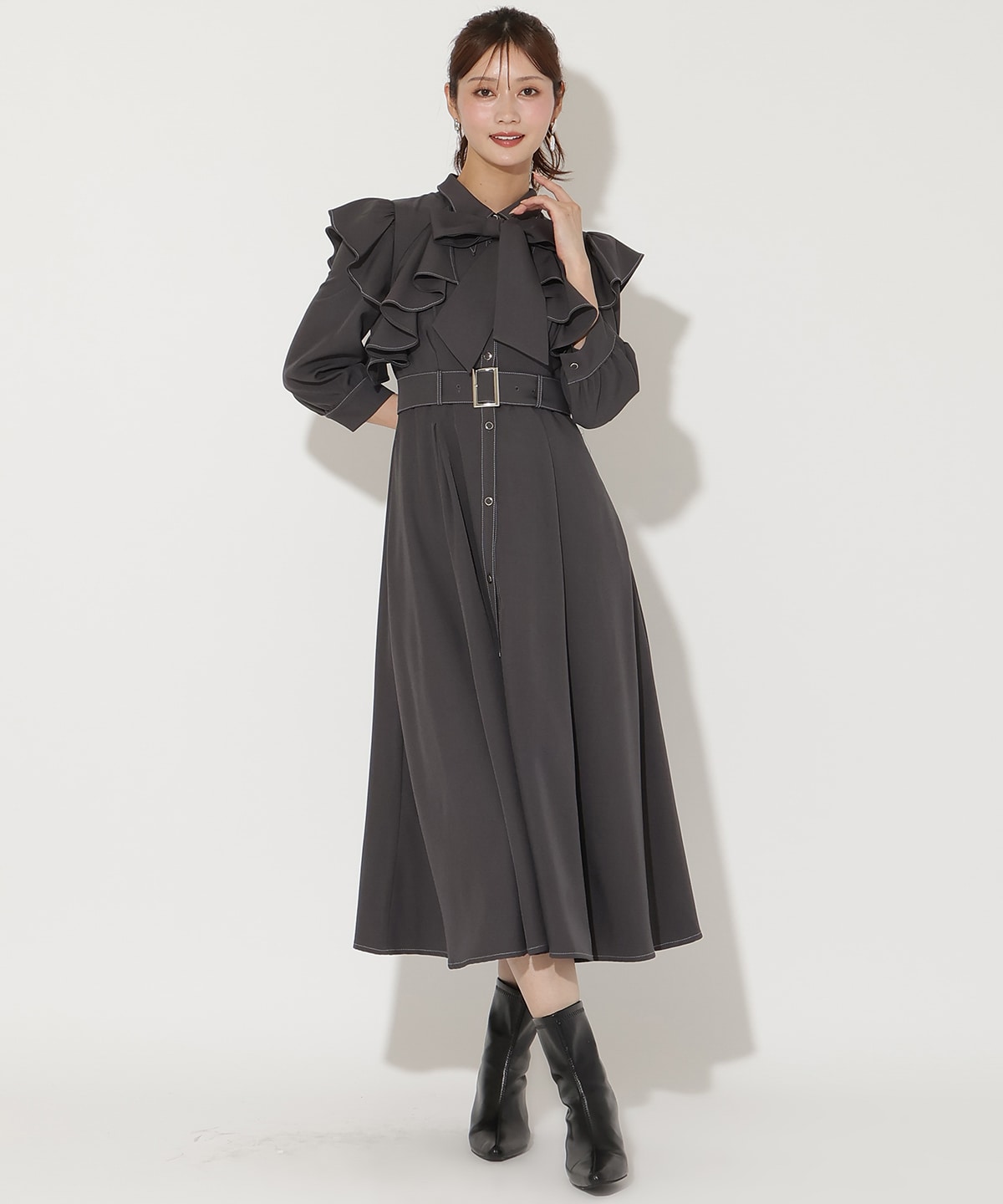 フリルケープ7分袖ワンピース