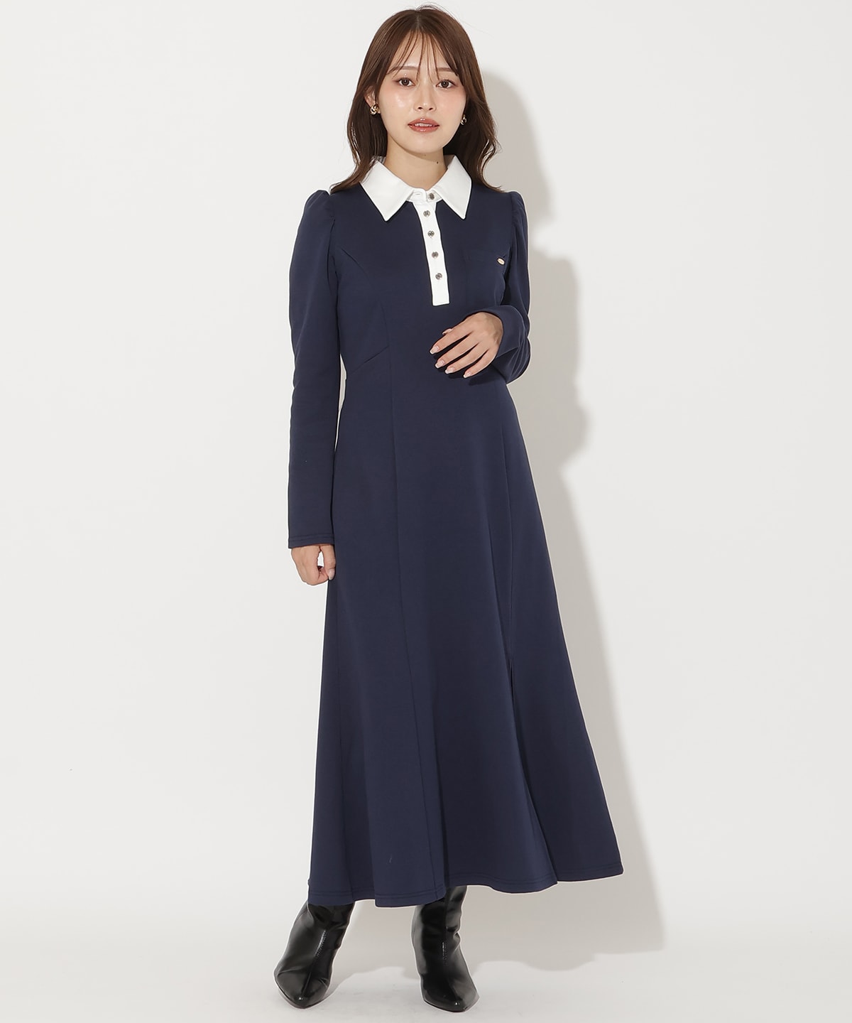 配色ポロ襟長袖ワンピース
