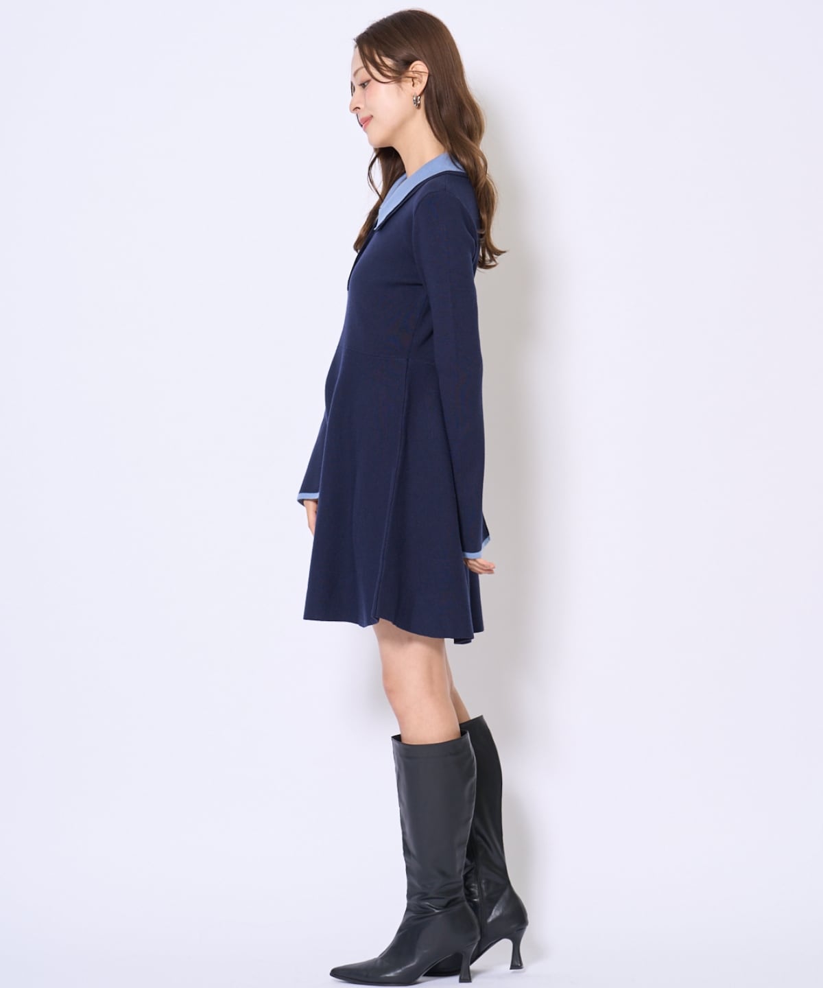 バイカラーポロニットフレアミニワンピース