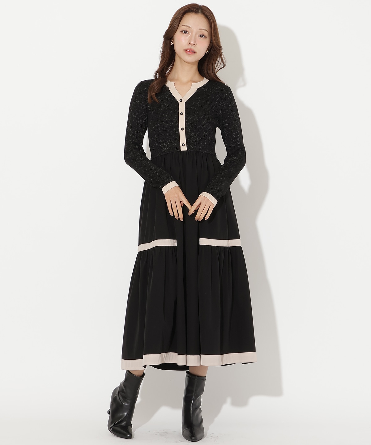 ラメ入り配色ドッキングワンピース