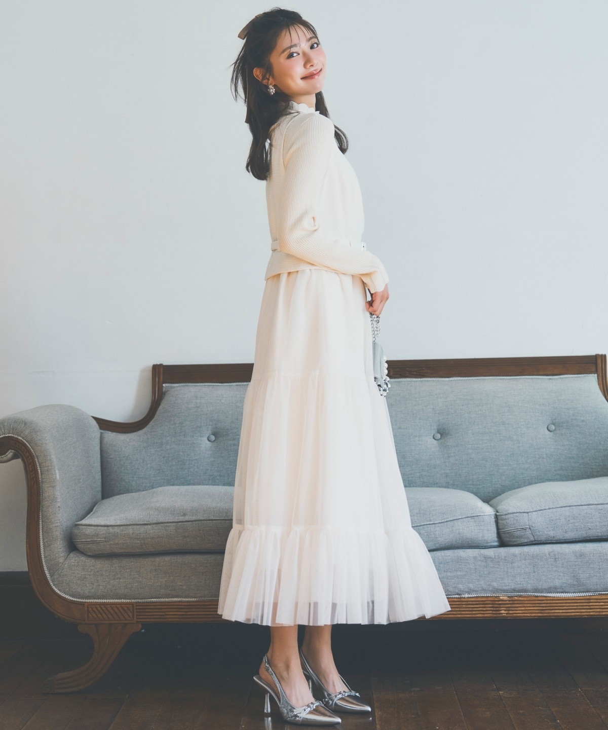 ツイード×チュールドッキングワンピース