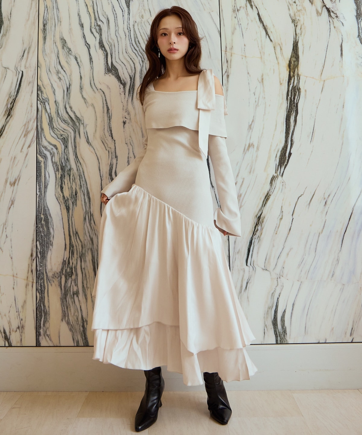 ショルダーリボンニットドッキングワンピース