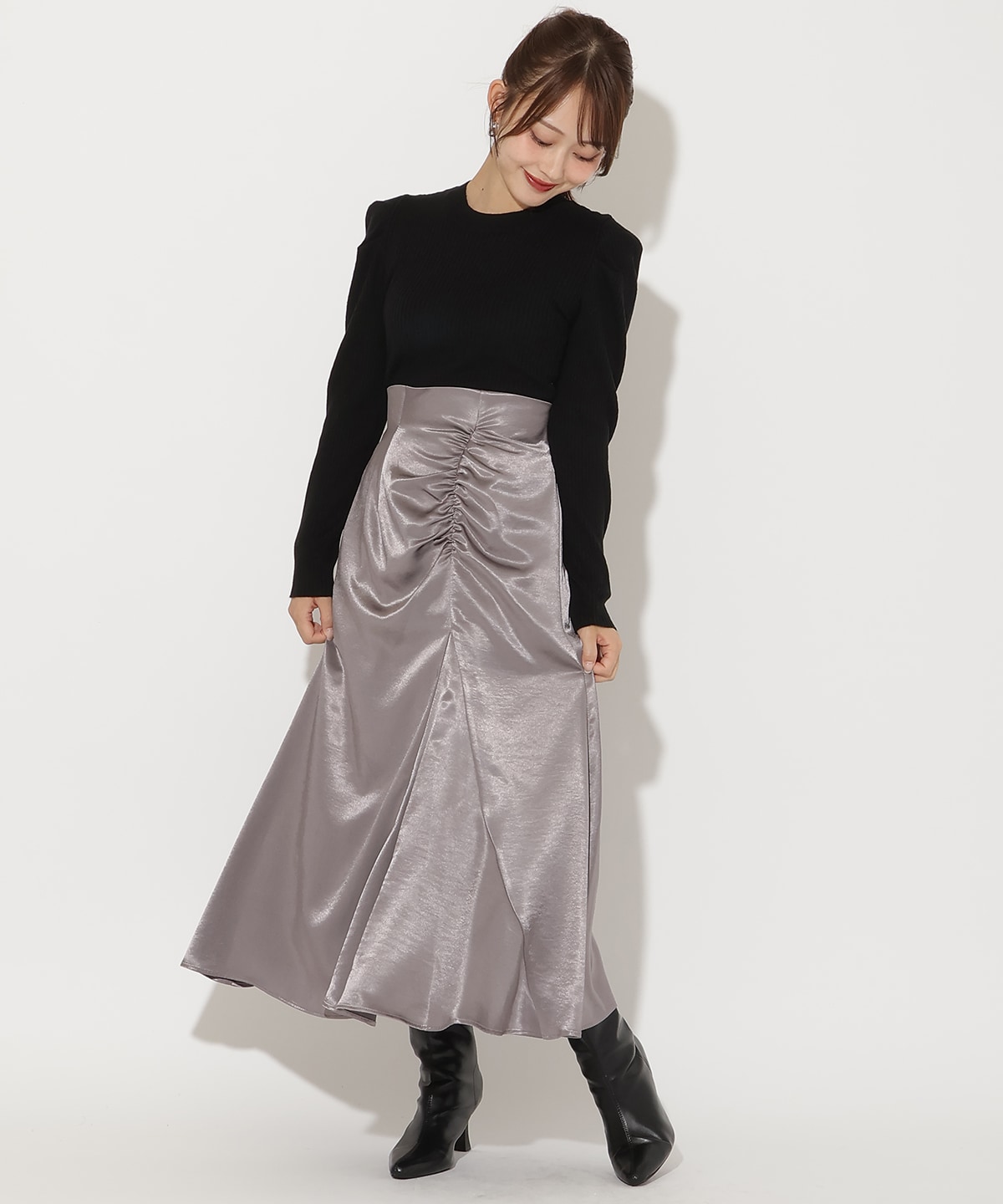 肩ギャザーハイネックリブニット