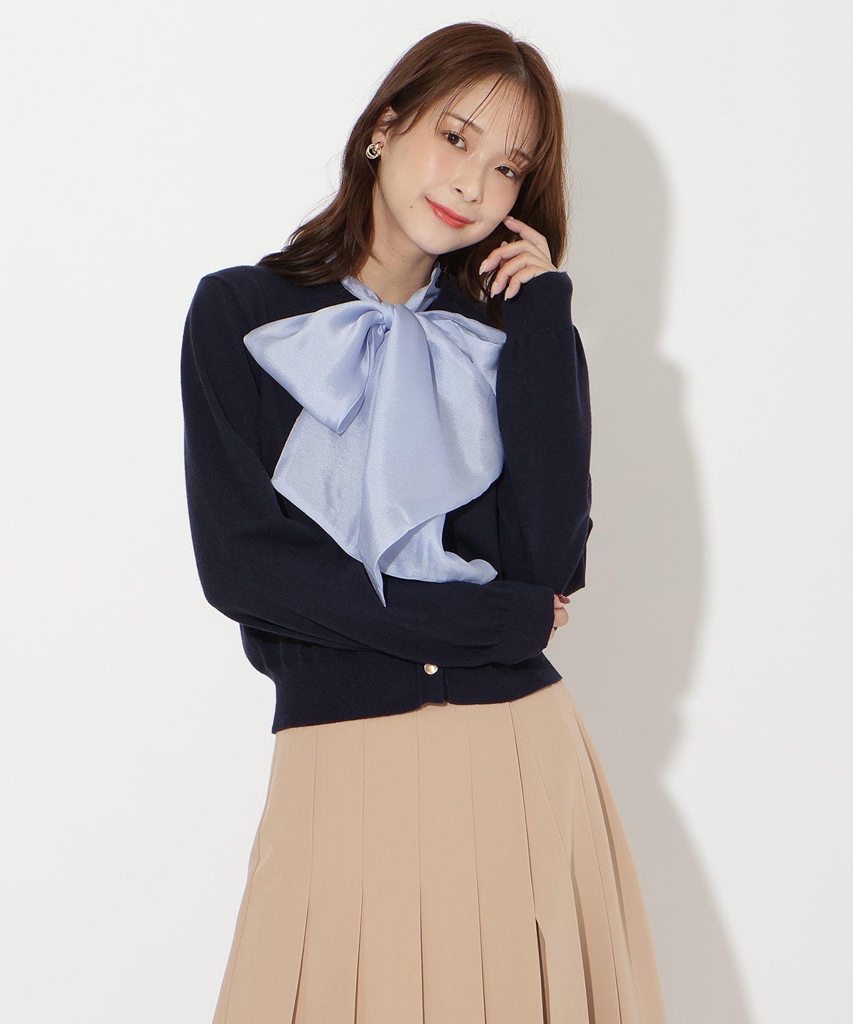 異素材リボンニットカーディガン