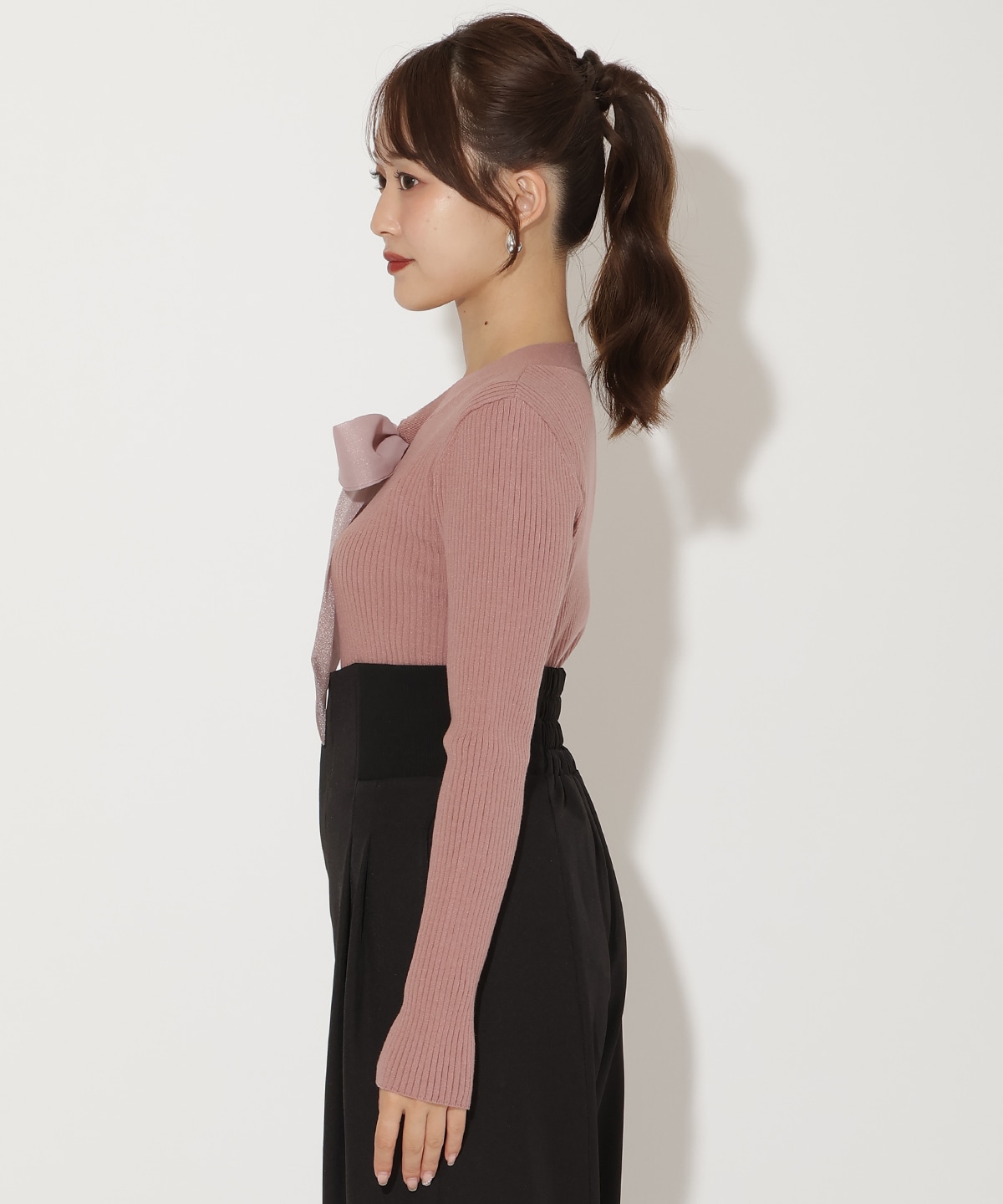 リボンボウタイ付きリブプルオーバー