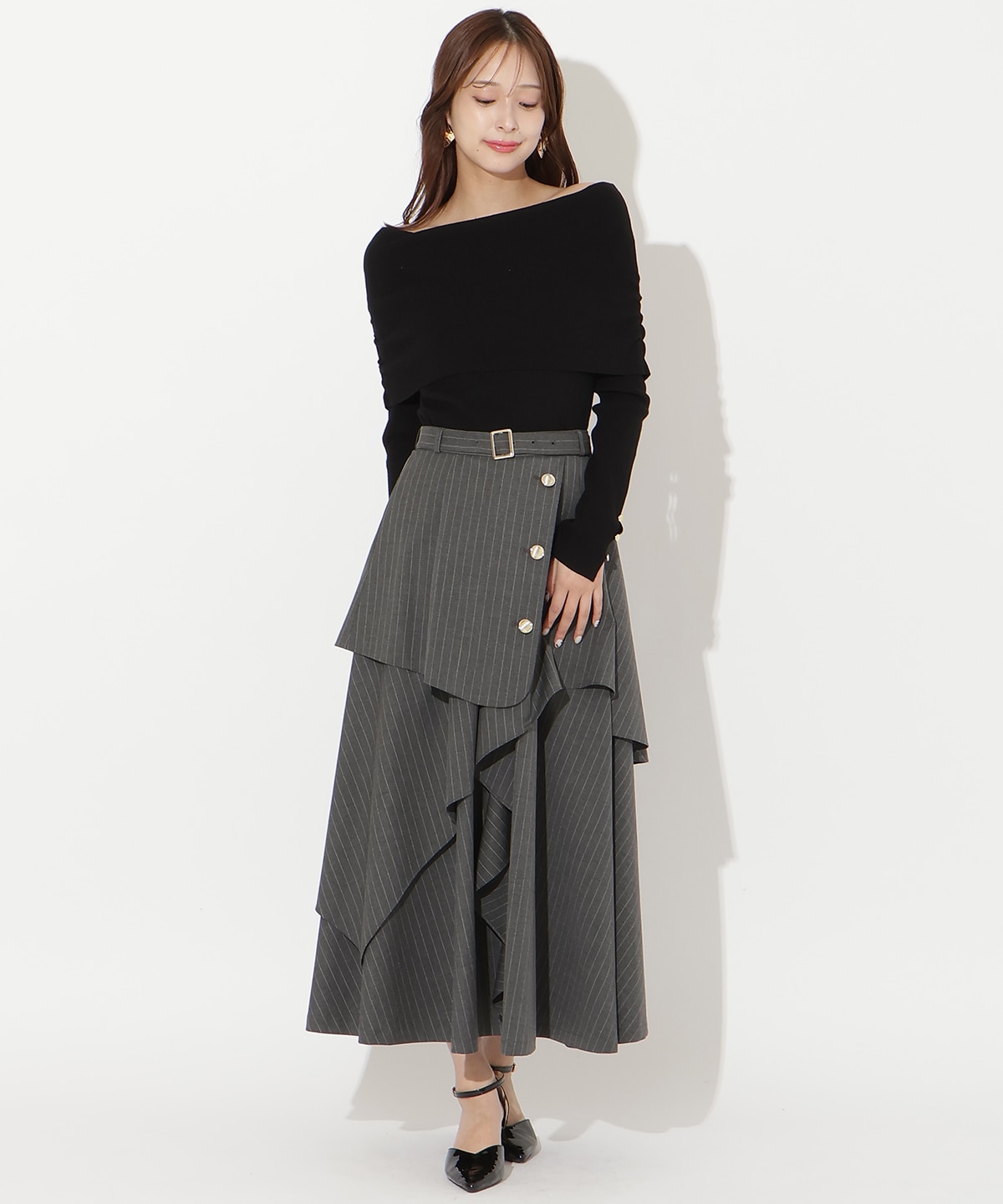 【先行予約受付中】ベルト付きレイヤードデザインフレアスカート