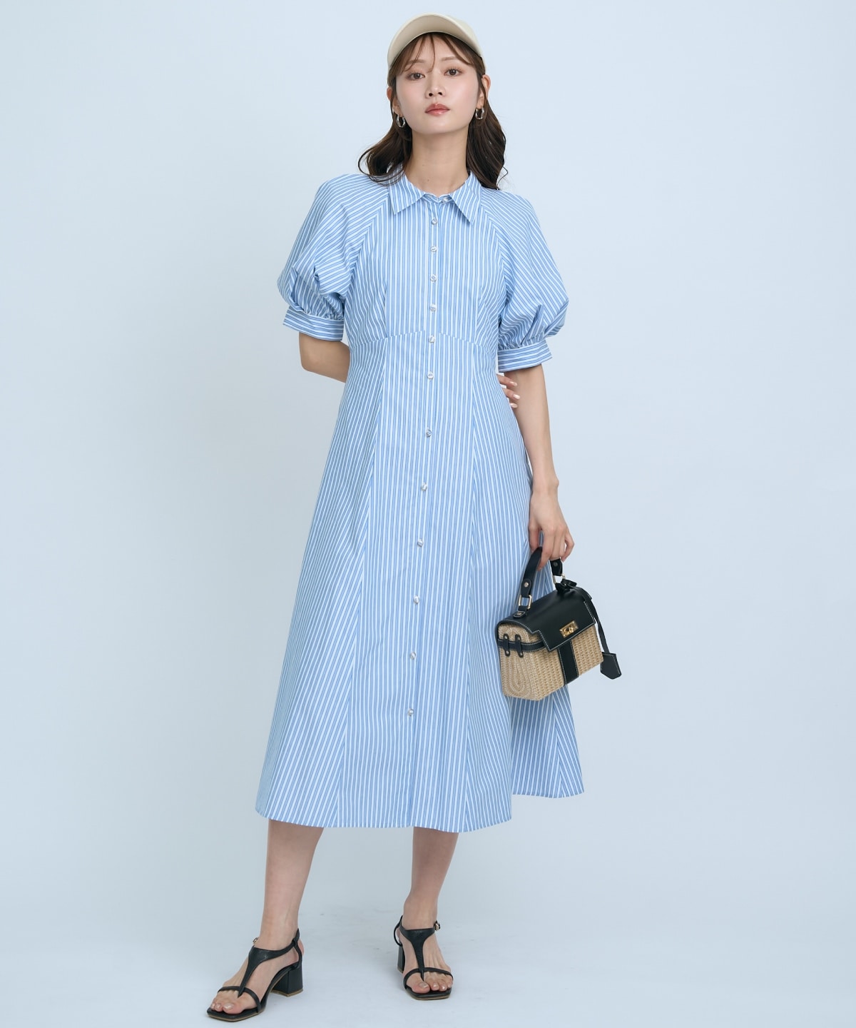 【先行予約受付中】ボリュームスリーブストライプワンピース