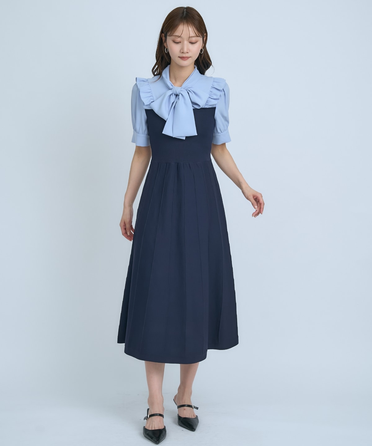 【先行予約受付中】ニットビスチェ風ボウタイワンピース