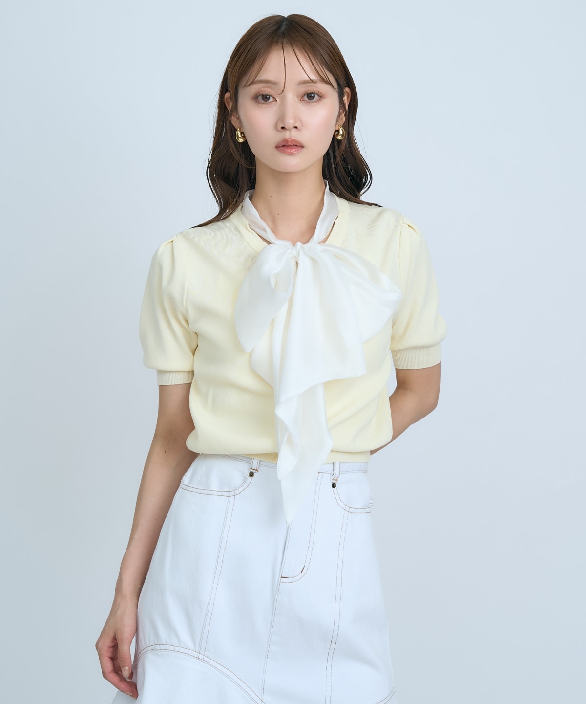 【先行予約受付中】異素材リボン半袖ニットカーディガン