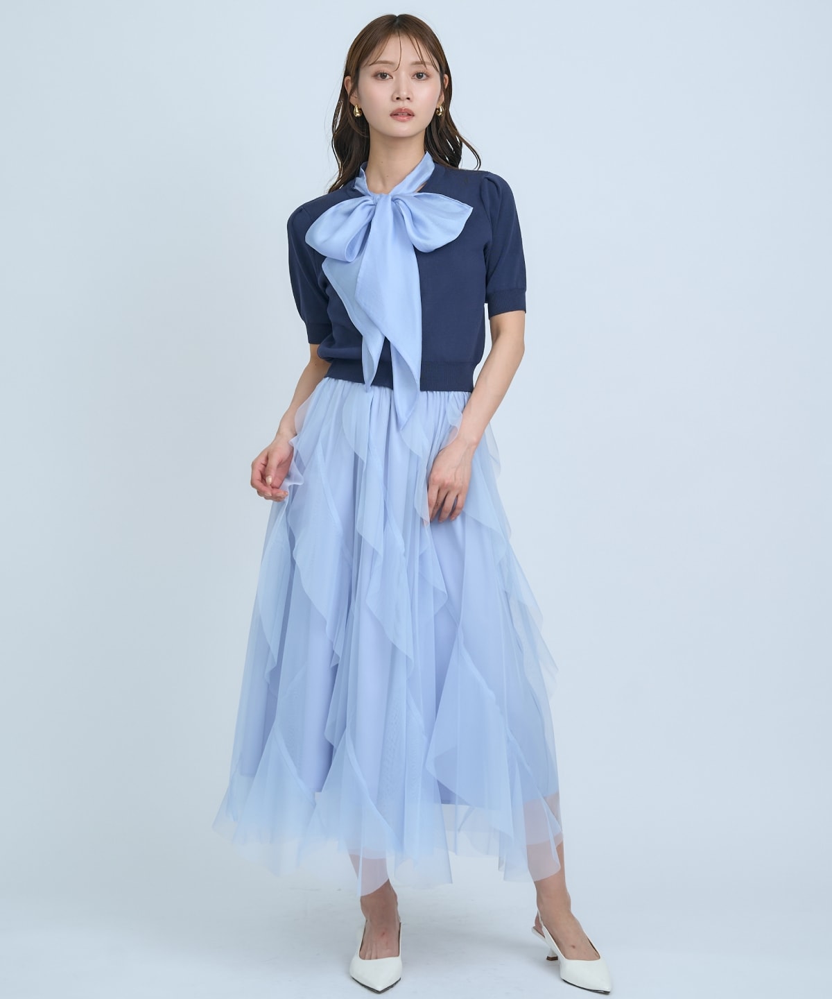 【先行予約受付中】異素材リボン半袖ニットカーディガン