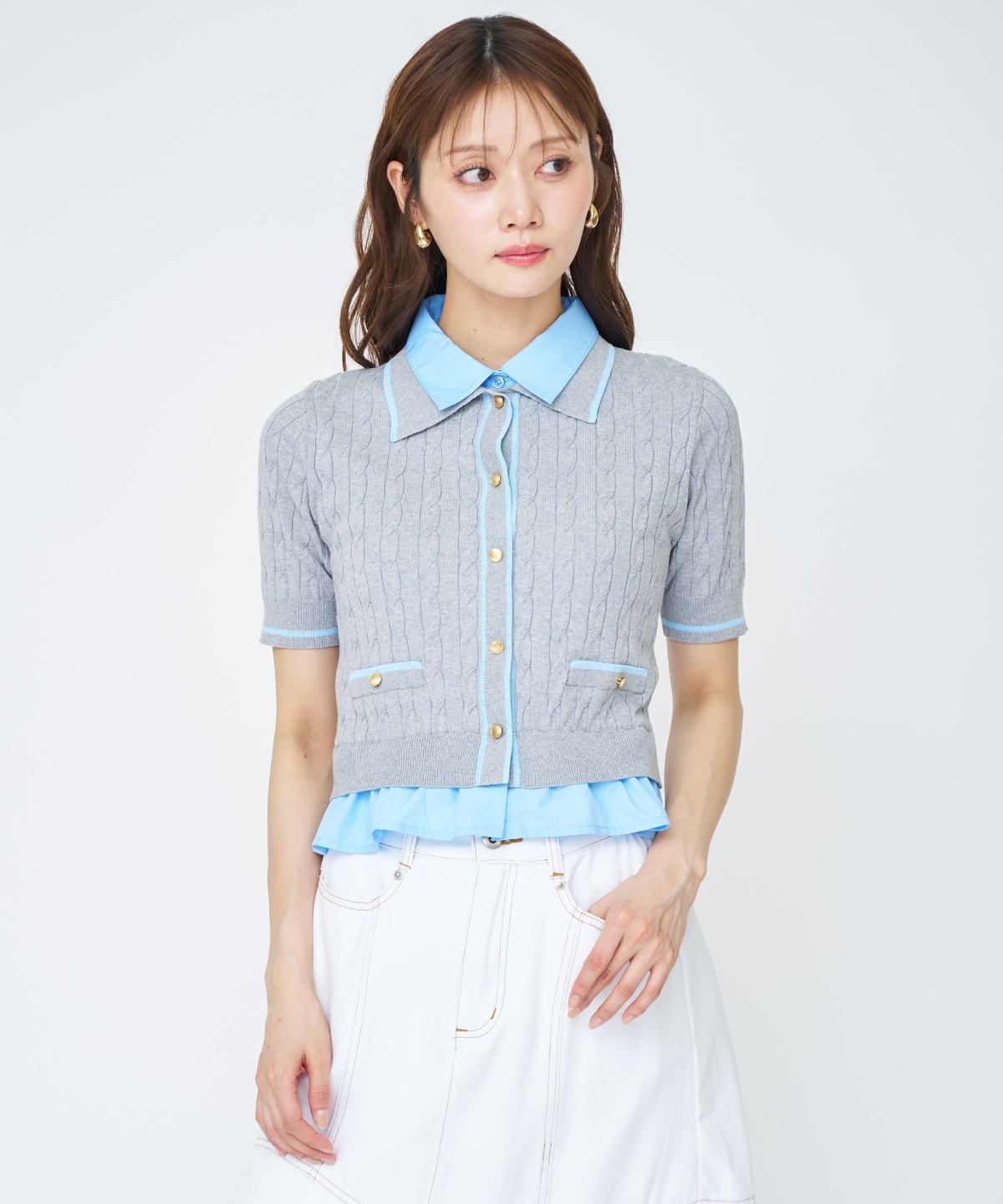 【先行予約受付中】配色シャツ襟ペプラムニットプルオーバー