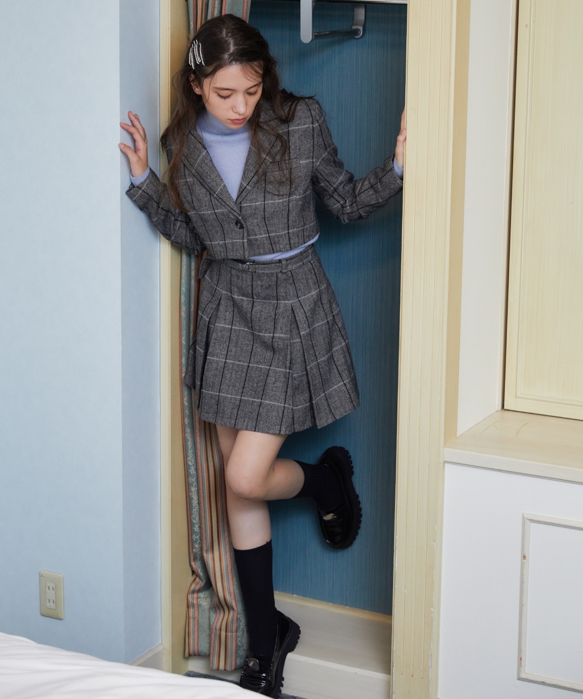 【セットアップ可能】ヘリンボーンチェックタックミニスカート