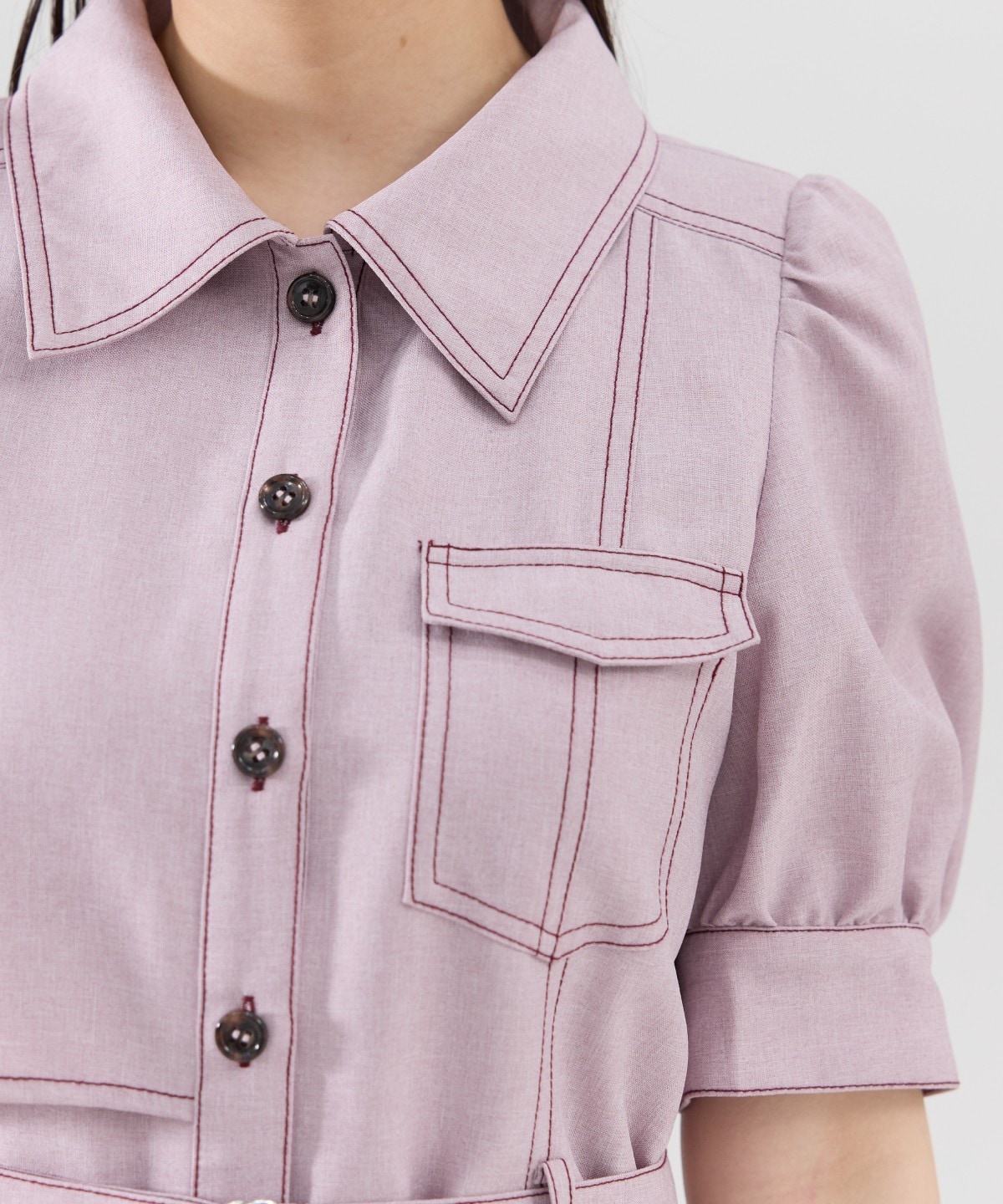 バイカラーステッチアシメデザイン半袖ミニワンピース