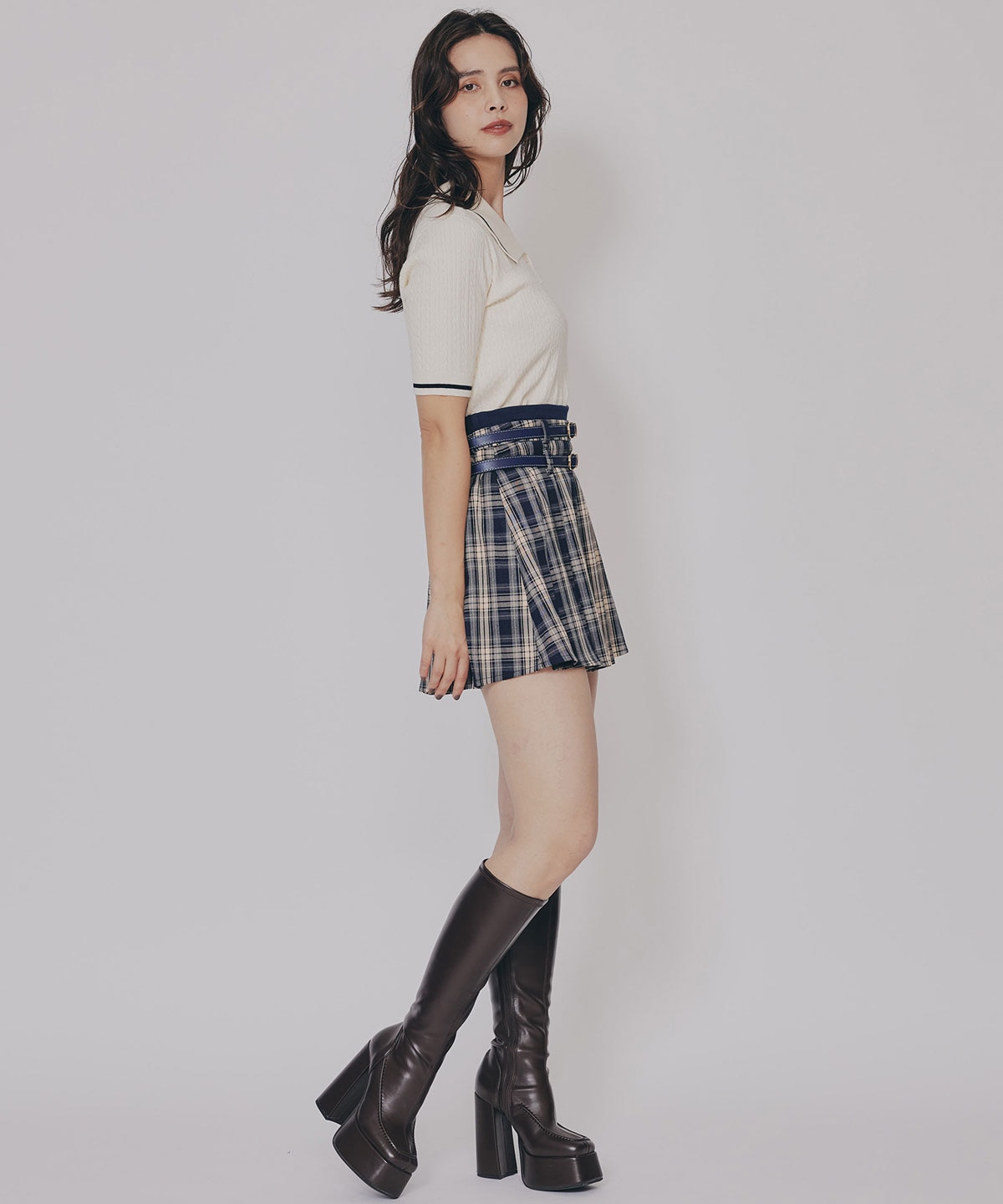 ダブルベルトチェックプリーツミニスカート