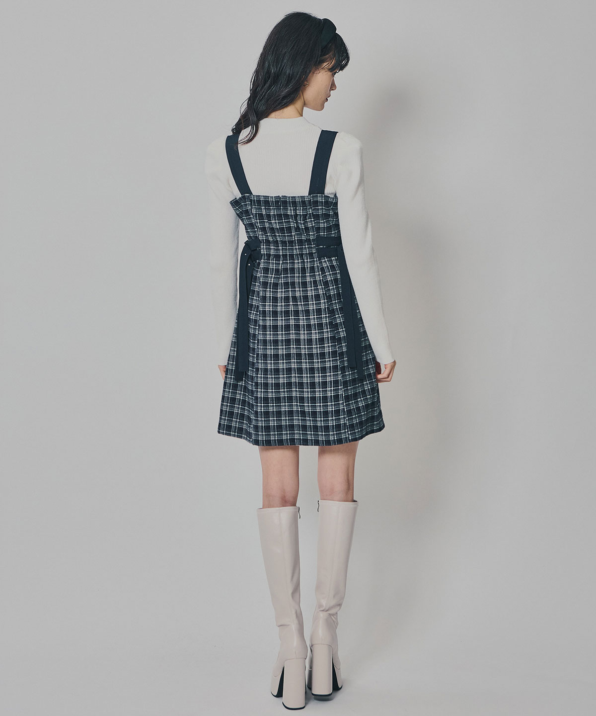 チェックショートジャケット×Wベルトワンピースセットアップ