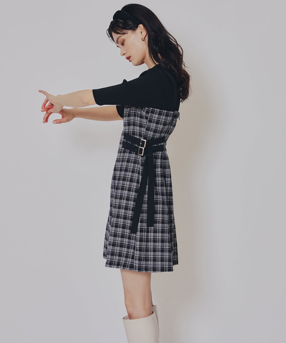 チェックショートジャケット×Wベルトワンピースセットアップ