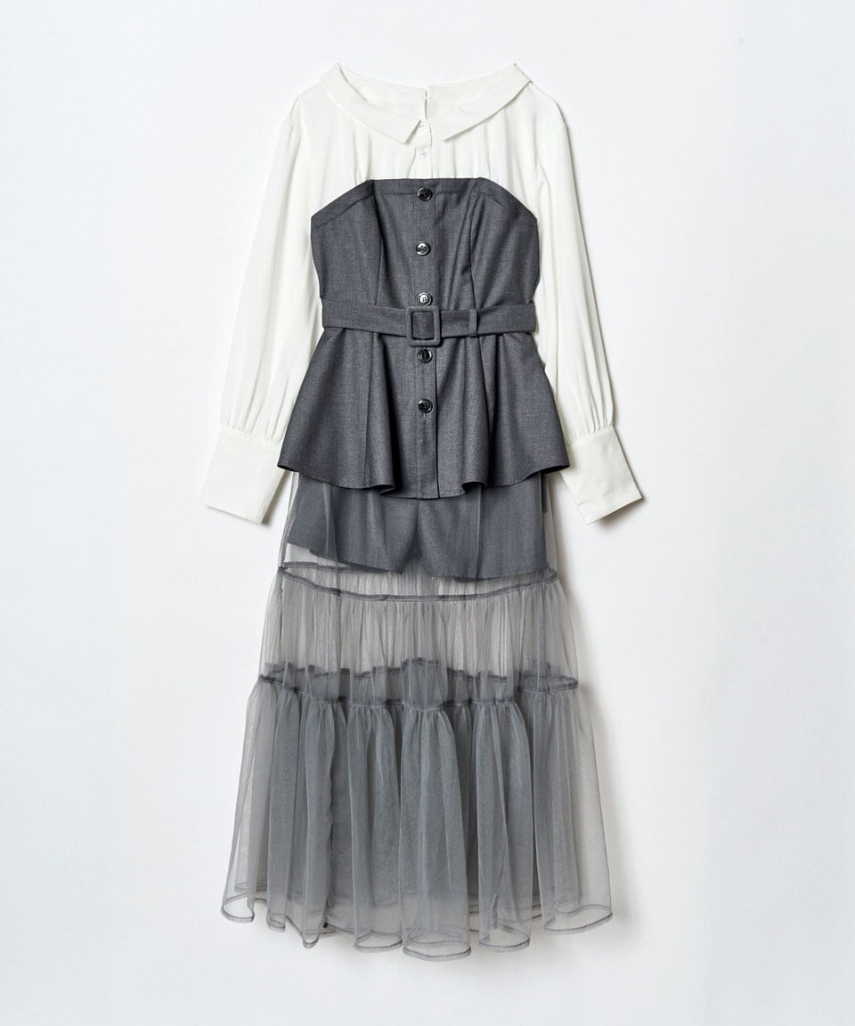 シャツドッキングチュールワンピース&ショートパンツセットアップ