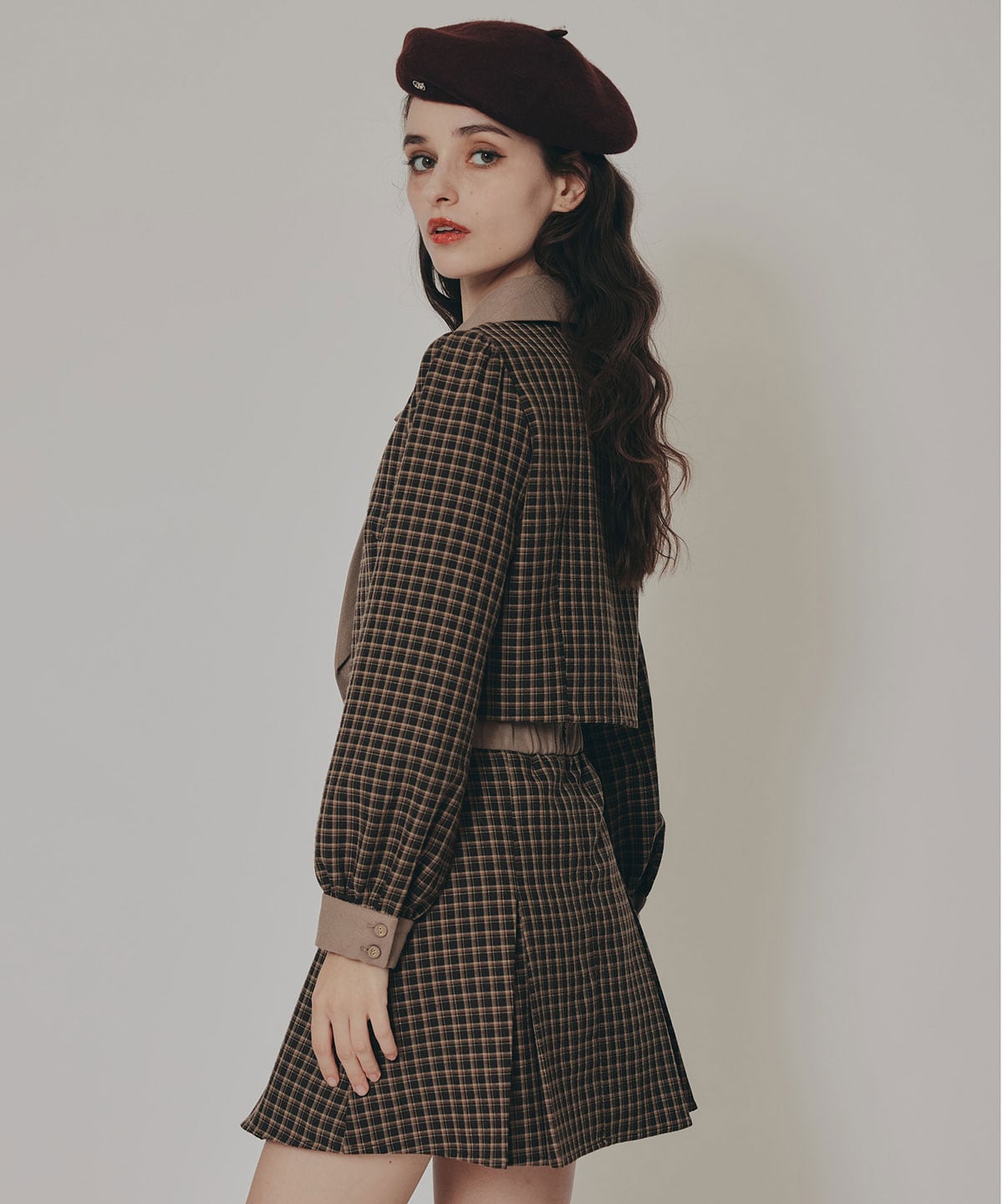 バイカラークラシックチェックブラウス×ミニスカートセットアップ