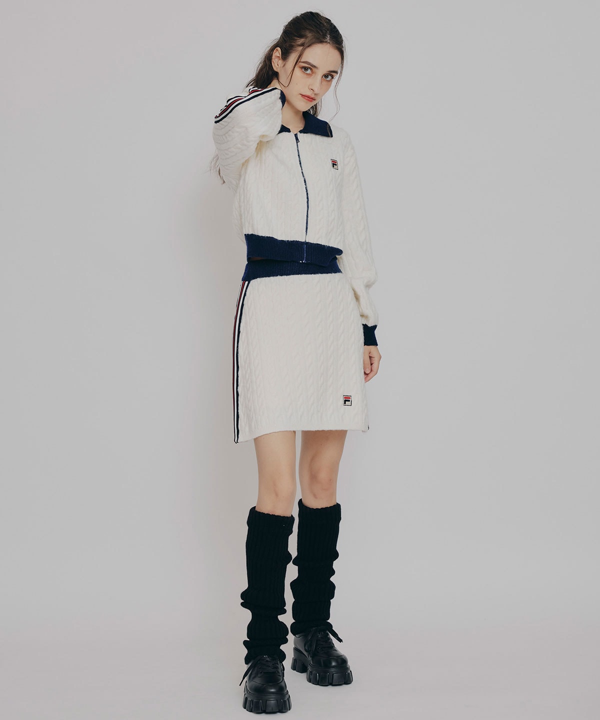 ［FILA×REDYAZEL］ケーブルニットトリコロールラインジャケット×タイトミニスカートセットアップ