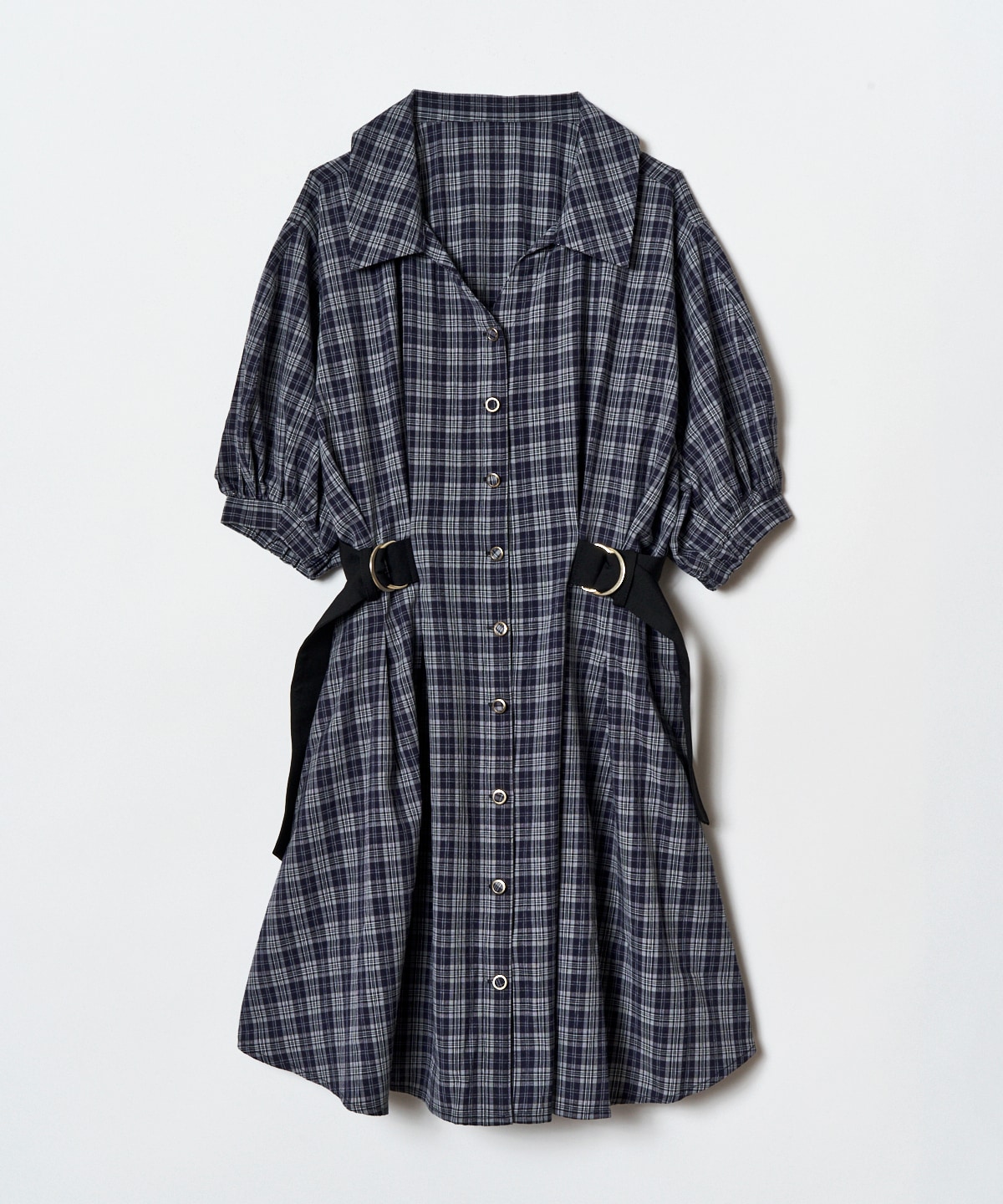 チェックバイカラーウエストベルトシャツワンピース