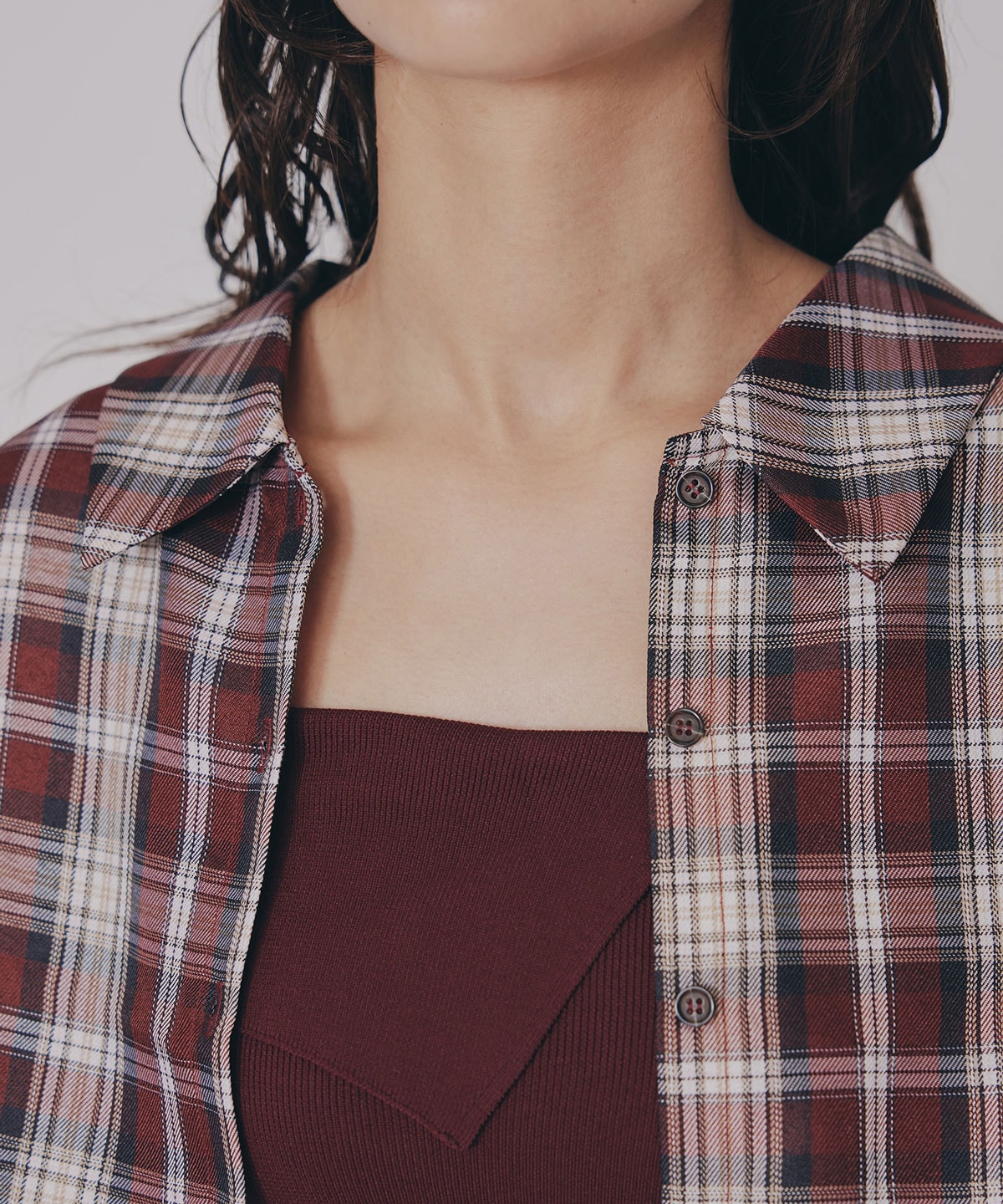 チェックショートシャツ×ニットミニワンピース