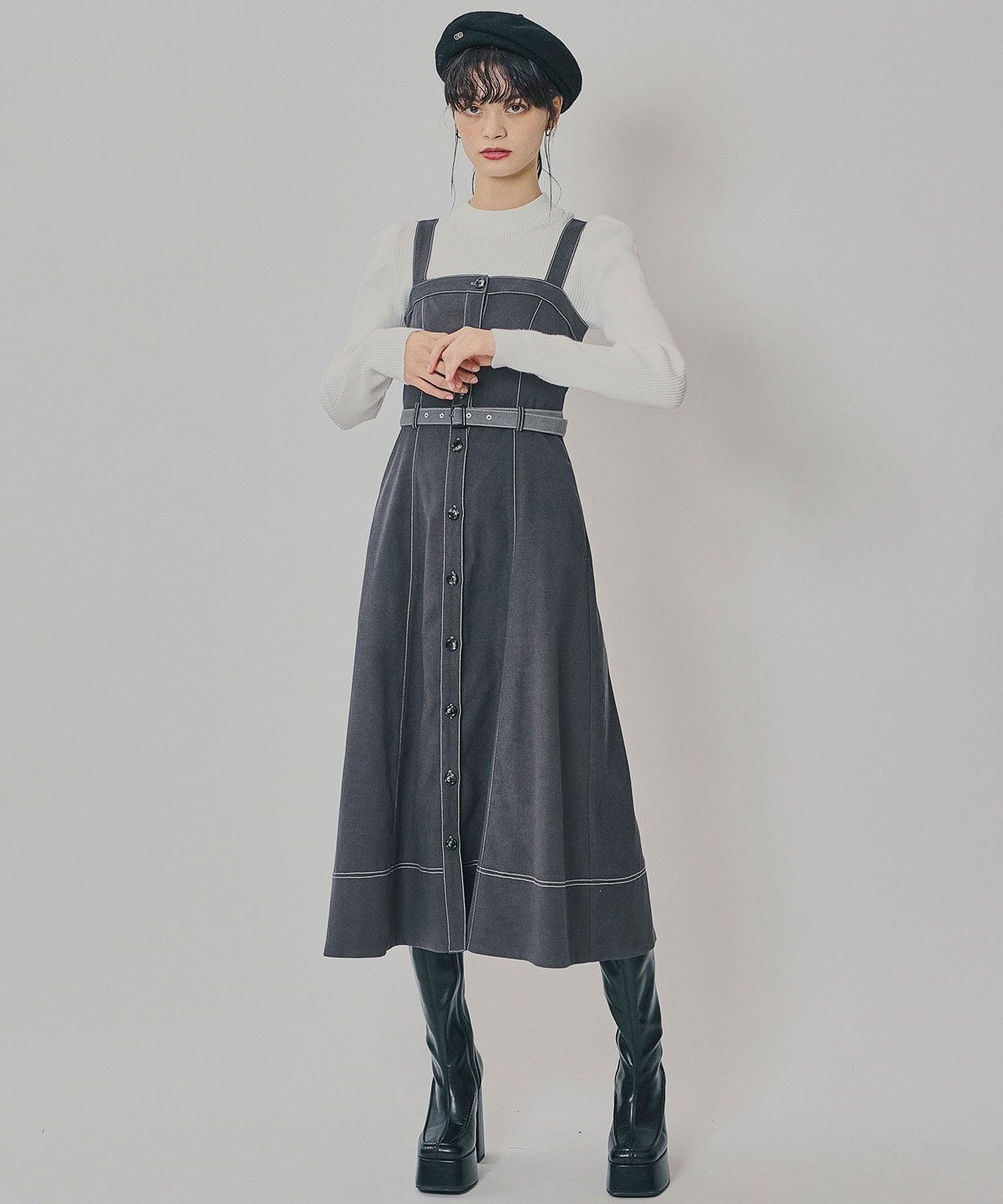 スエードライクショートジャケット×バイカラーワンピースセットアップ