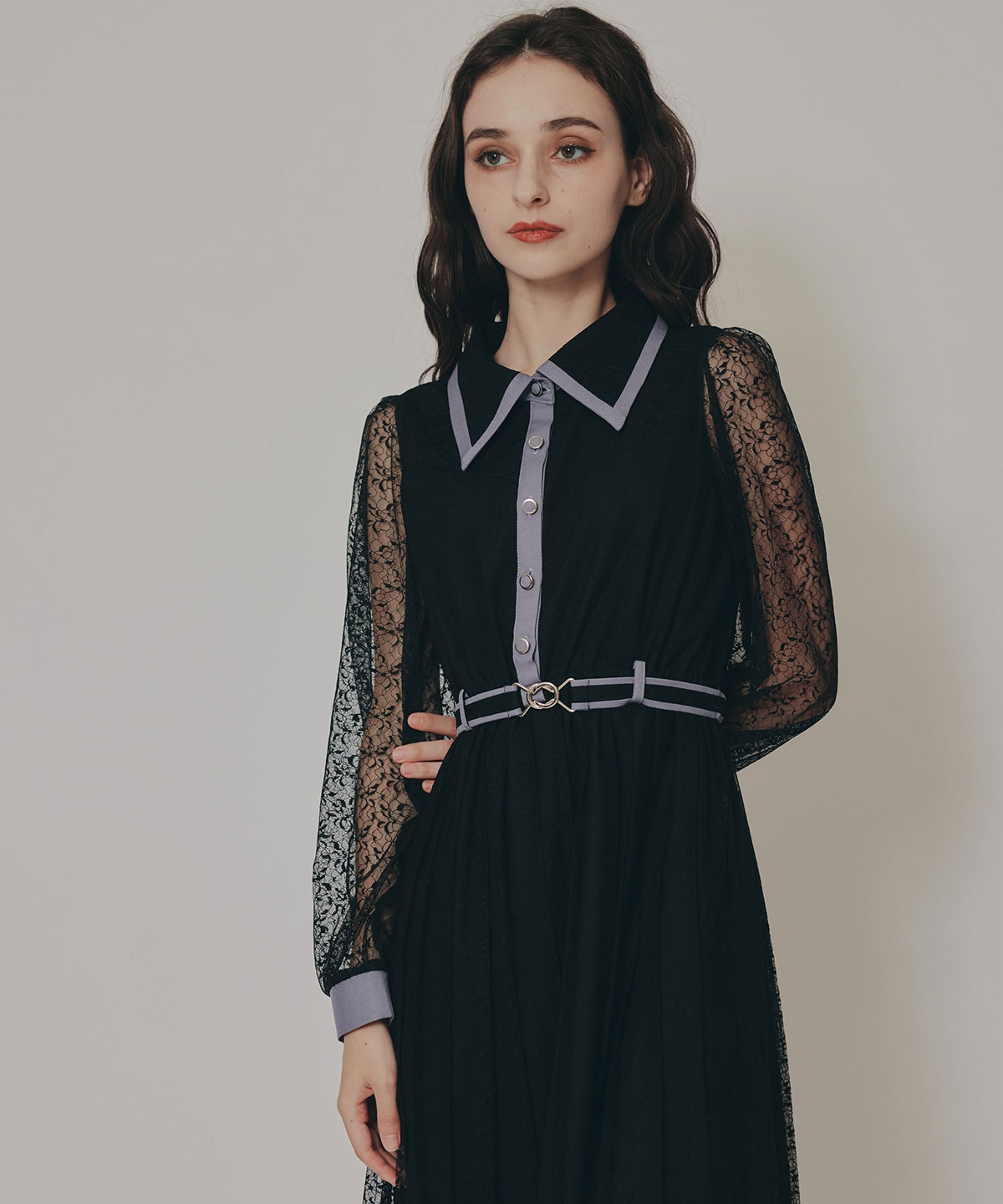 バイカラーレースプリーツロングスリーブワンピース