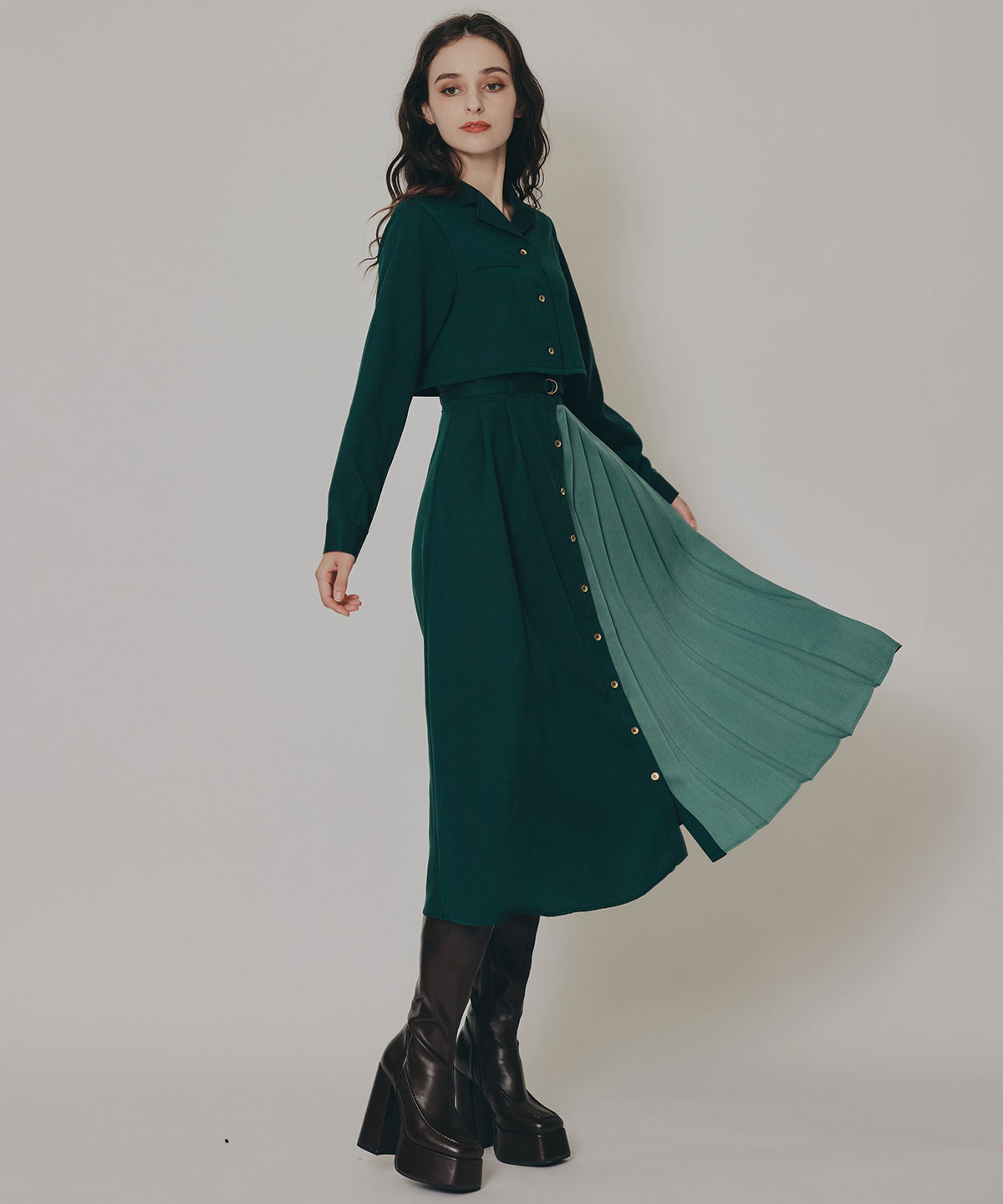 バイカラーアシメプリーツロングスリーブシャツワンピース