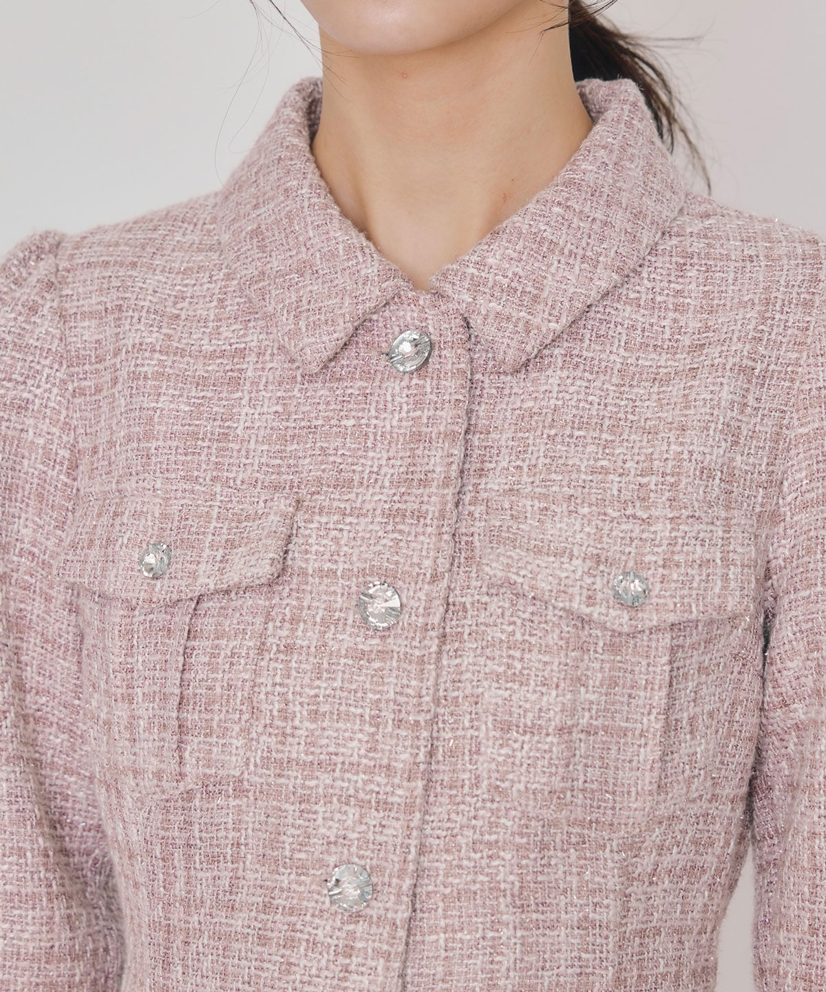 ビジューボタンファンシーツイードシャツミニワンピース