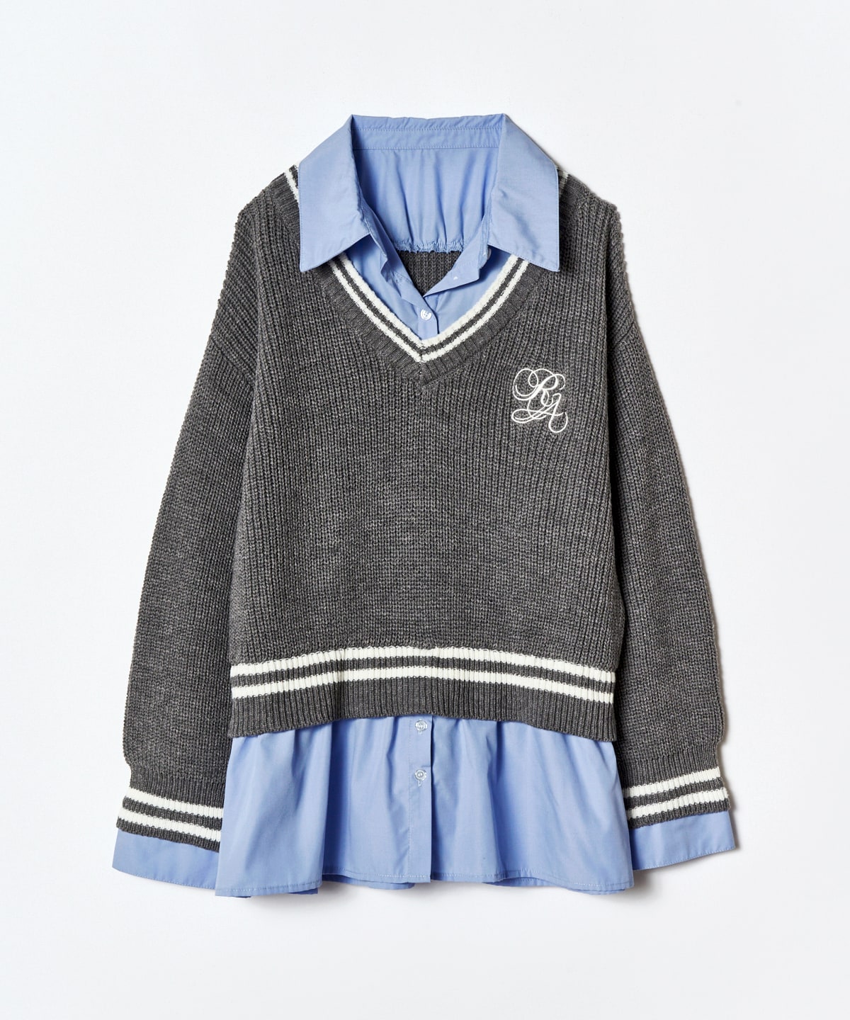 レイヤードシャツドッキングニットプルオーバー