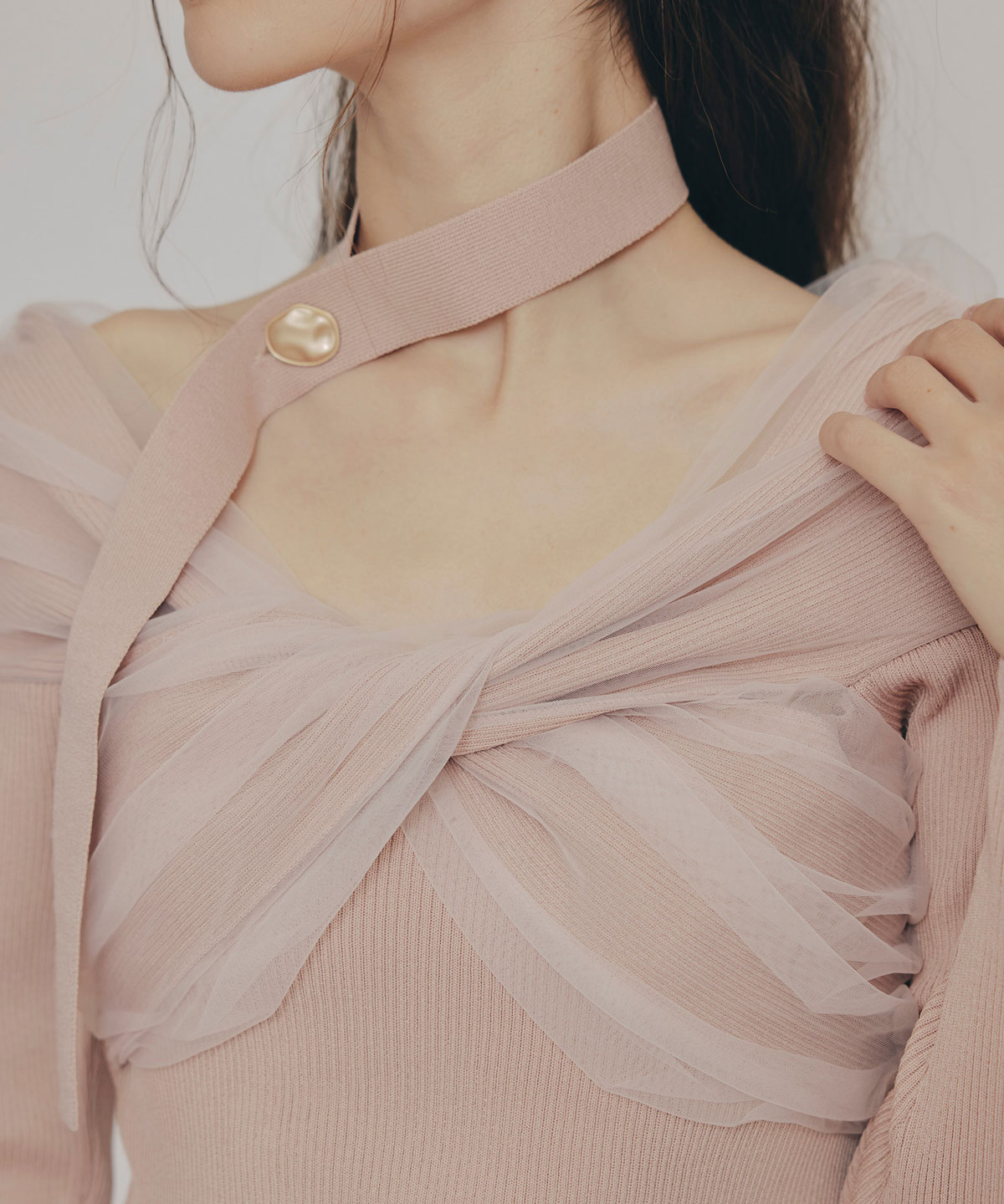 チョーカークロスチュールニットトップス