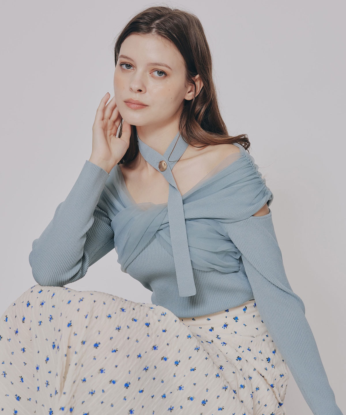 チョーカークロスチュールニットトップス