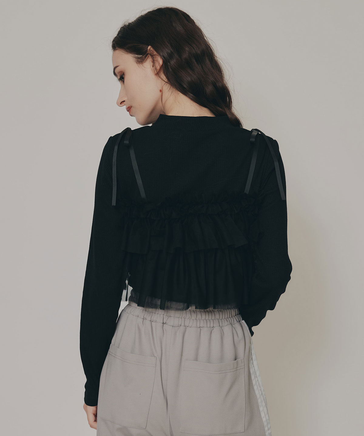 リボンチュールフリルビスチェニットトップス