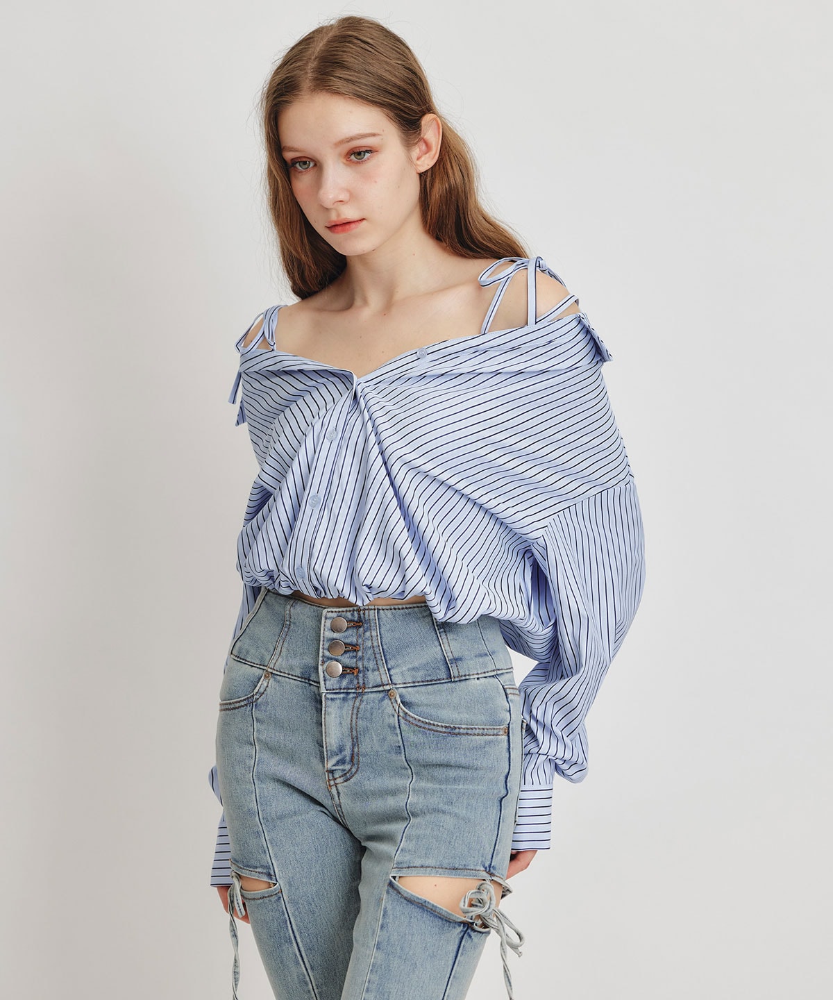 ベアレイヤードストライプバルーンオフショルブラウス