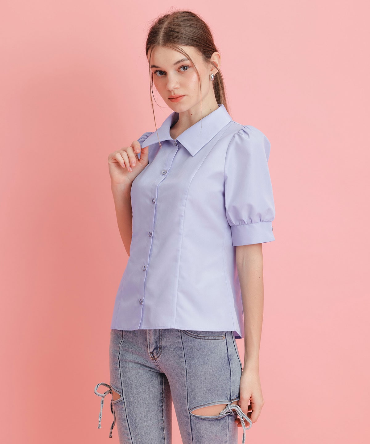 ロゴリボンパフスリーブブラウス