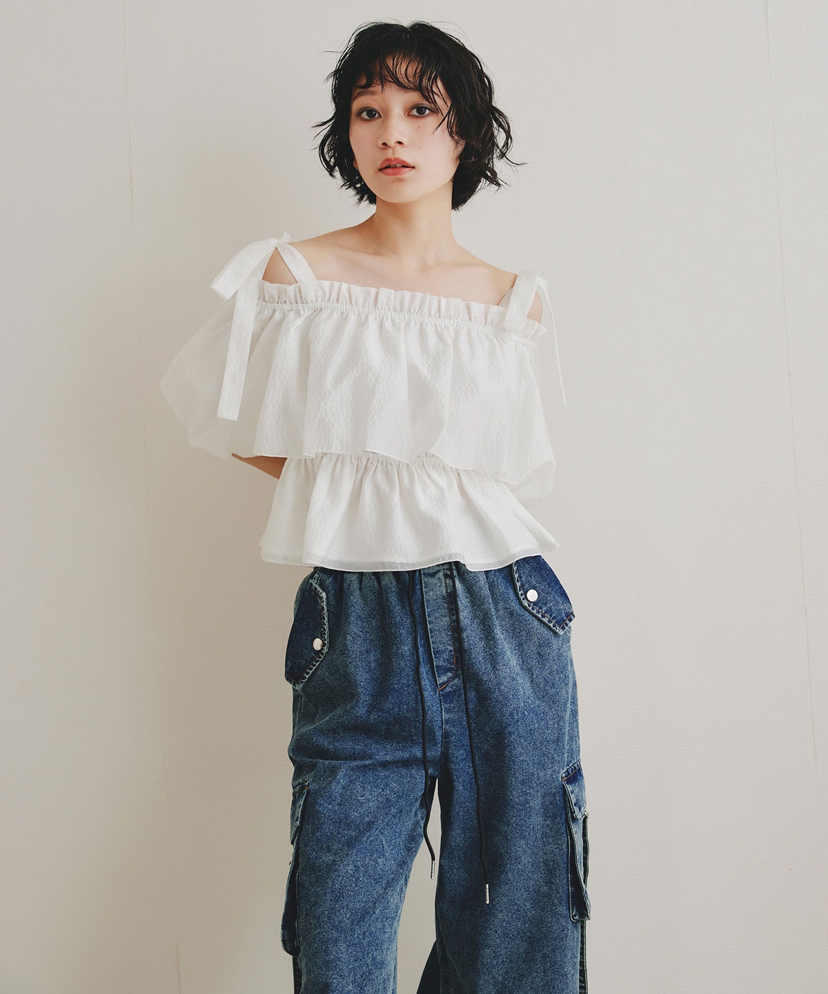 ショルダーリボンフリルオフショルブラウス