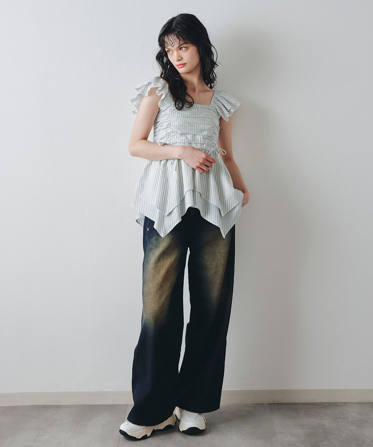 イレヘムペプラムマルチストライプブラウス