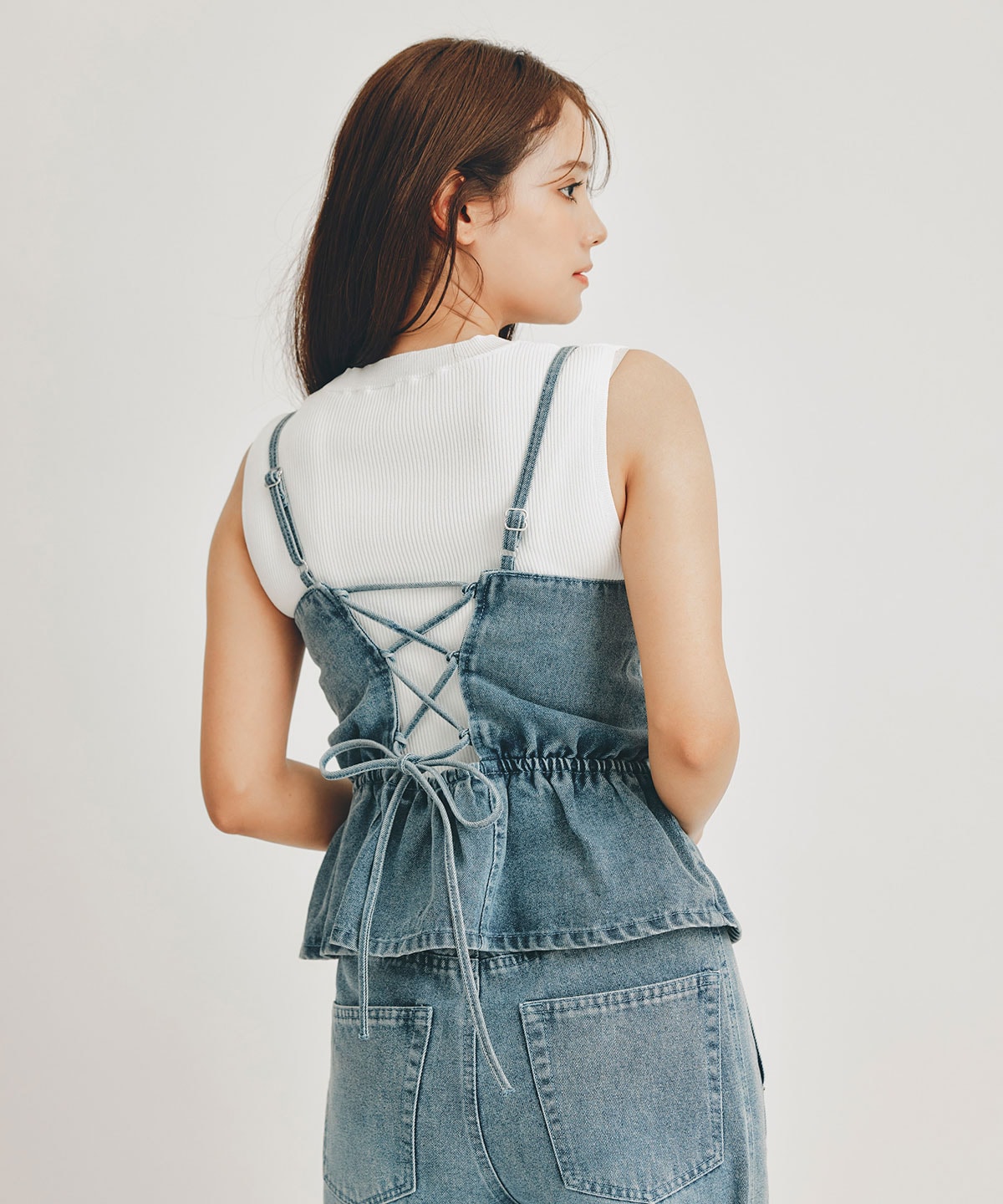 【Vintage Denim Series】ヴィンテージウォッシュバックレースアップデニムビスチェ