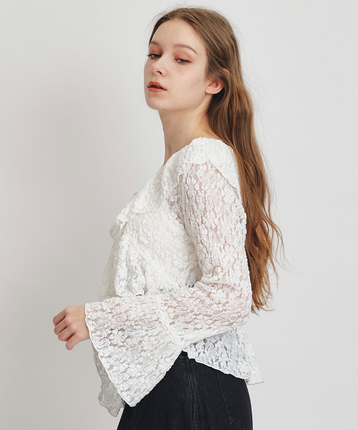 レースフリルカラーショートカーディガン